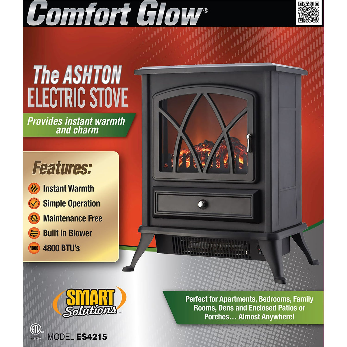 Comfort Glow Ashton Freestanding Portable Electric Fireplace Stove Heater with Blower, 1500/750 Watts, 4800 BTUs, 3D Flame Effect, 6-Ft. Cord