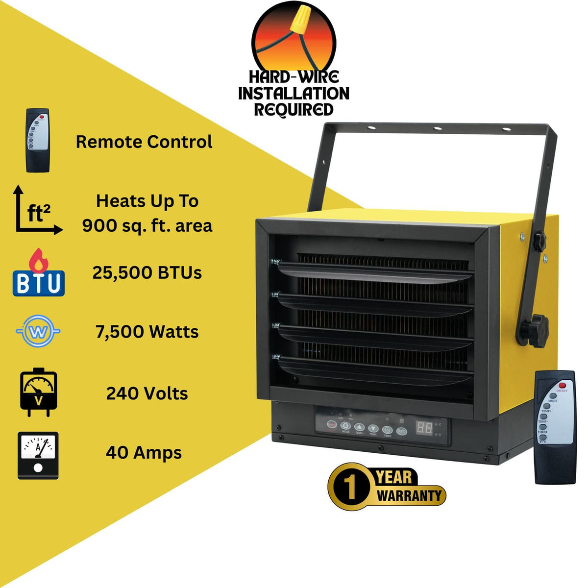 Dura Heat 240-Volt Hardwired Electric Garage Heater and Fan Combo, 7500 Watts, 25500 BTUs, Mounting Kit, Remote with Adjustable Thermostat