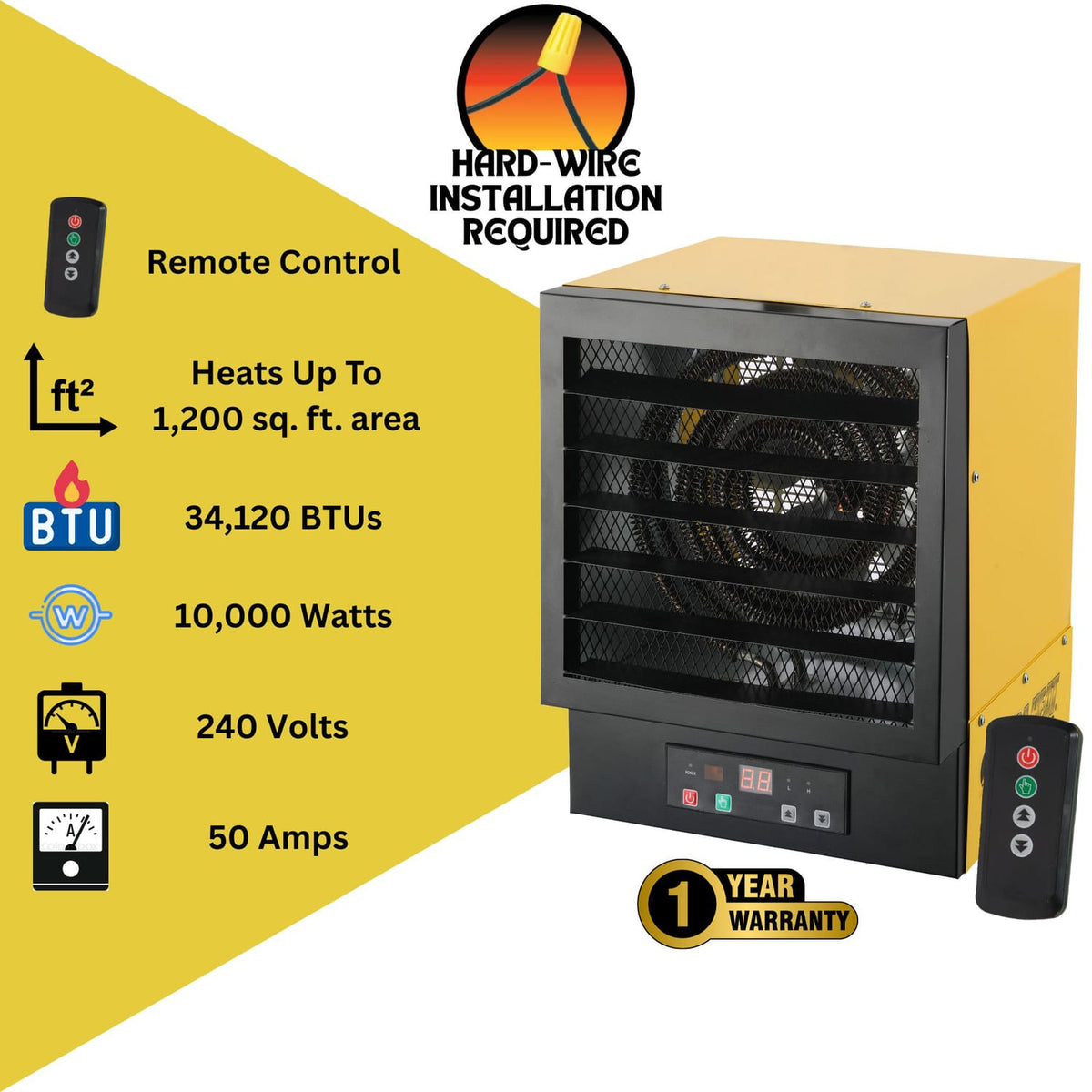 Dura Heat 240-Volt Hardwired Electric Forced-Air Garage Heater, 10000 Watts, 34120 BTUs, Mounting Kit, Remote with Adjustable Thermostat and ECO