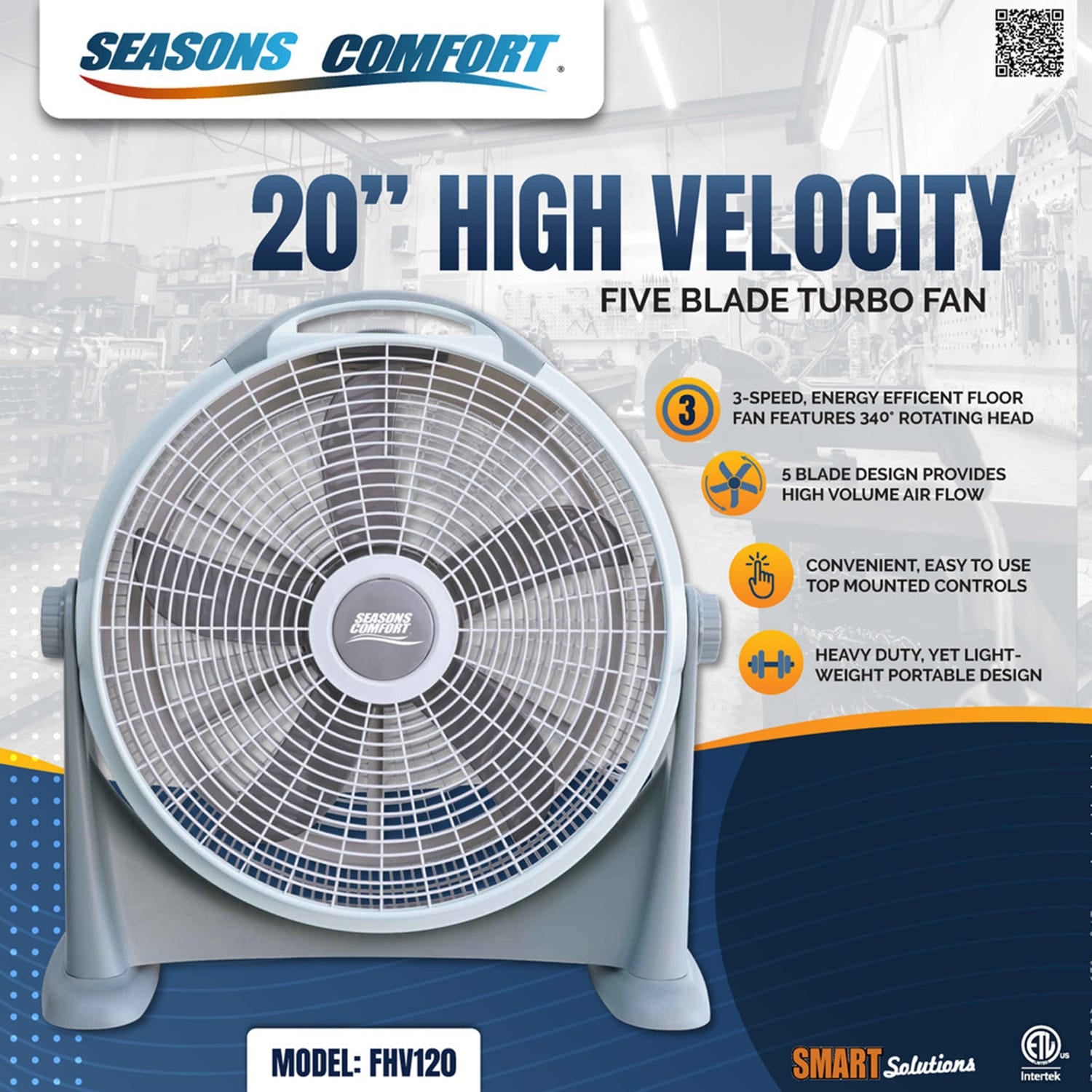 Seasons Comfort FHV120 20-In. 3-Speed High-Velocity Heavy-Duty Air-Circulator Floor Fan with 340° Tilting Head