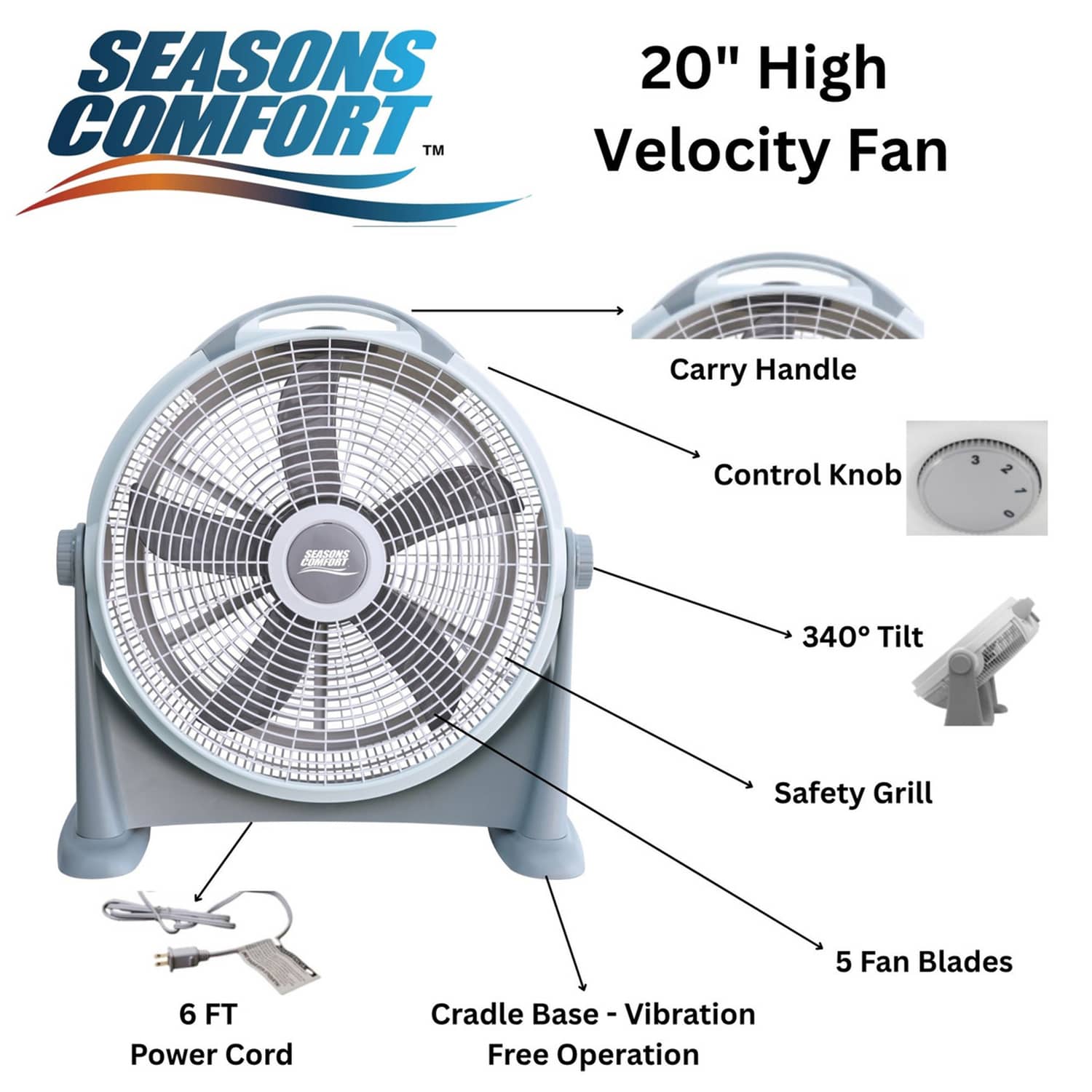 Seasons Comfort FHV120 20-In. 3-Speed High-Velocity Heavy-Duty Air-Circulator Floor Fan with 340° Tilting Head