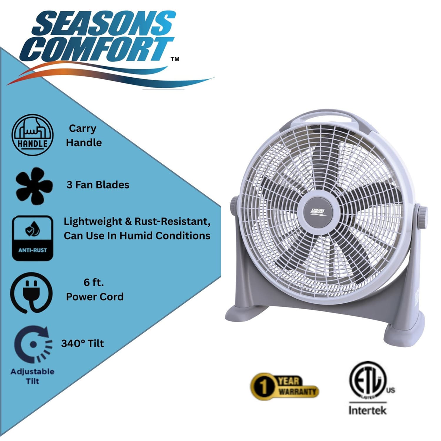 Seasons Comfort FHV120 20-In. 3-Speed High-Velocity Heavy-Duty Air-Circulator Floor Fan with 340° Tilting Head