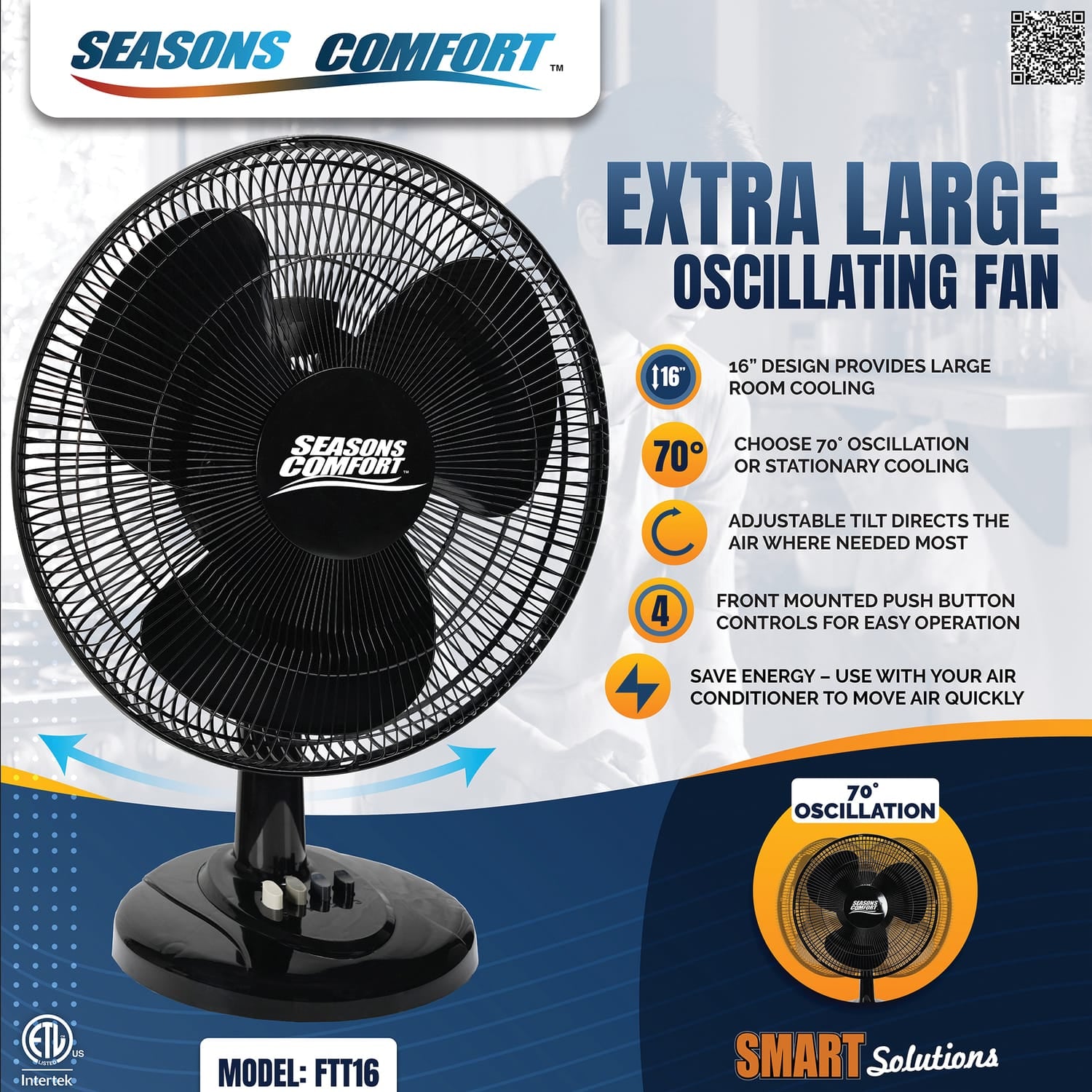Seasons Comfort 16-In. 3-Speed Oscillating Table Fan, FTT16, Black
