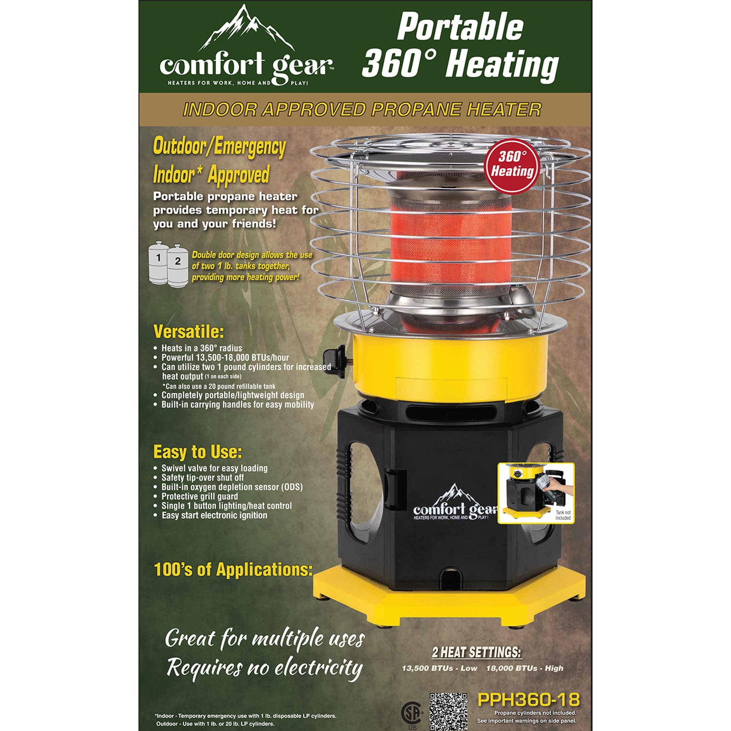 Comfort Gear 18000-BTU Indoor/Outdoor Portable Personal 360° Propane Heater, PPH360-18