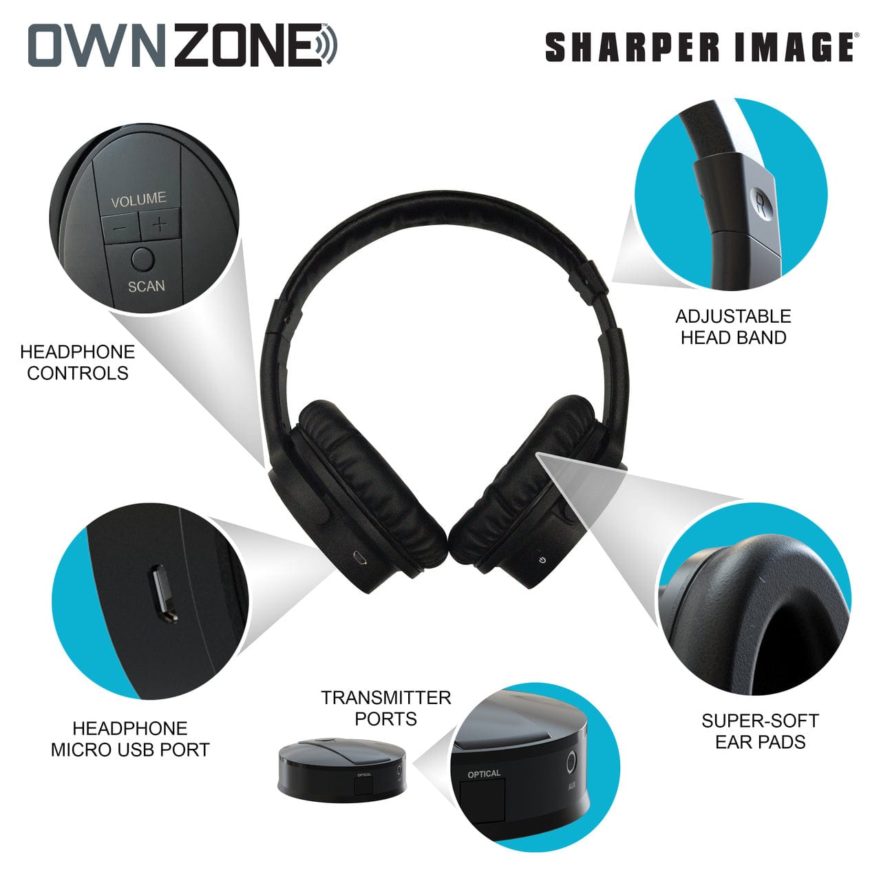 Sharper Image Own Zone?? DLX Wireless TV Headphones with Transmitter- Black