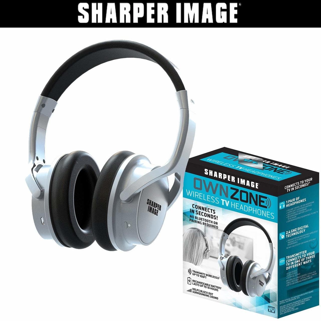 Sharper Image Own Zone?? DLX Wireless TV Headphones with Transmitter- Silver