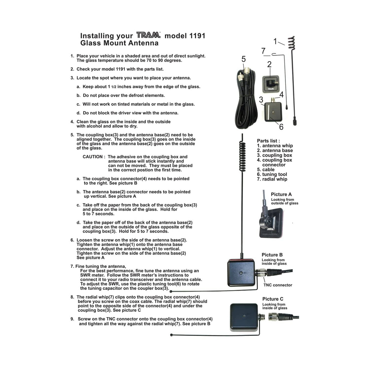 Tram 50-Watt Pretuned Dual-Band 144 MHz to 148 MHz VHF/440 MHz to 450 MHz UHF Amateur Radio Antenna Kit with Glass Mount and Cable