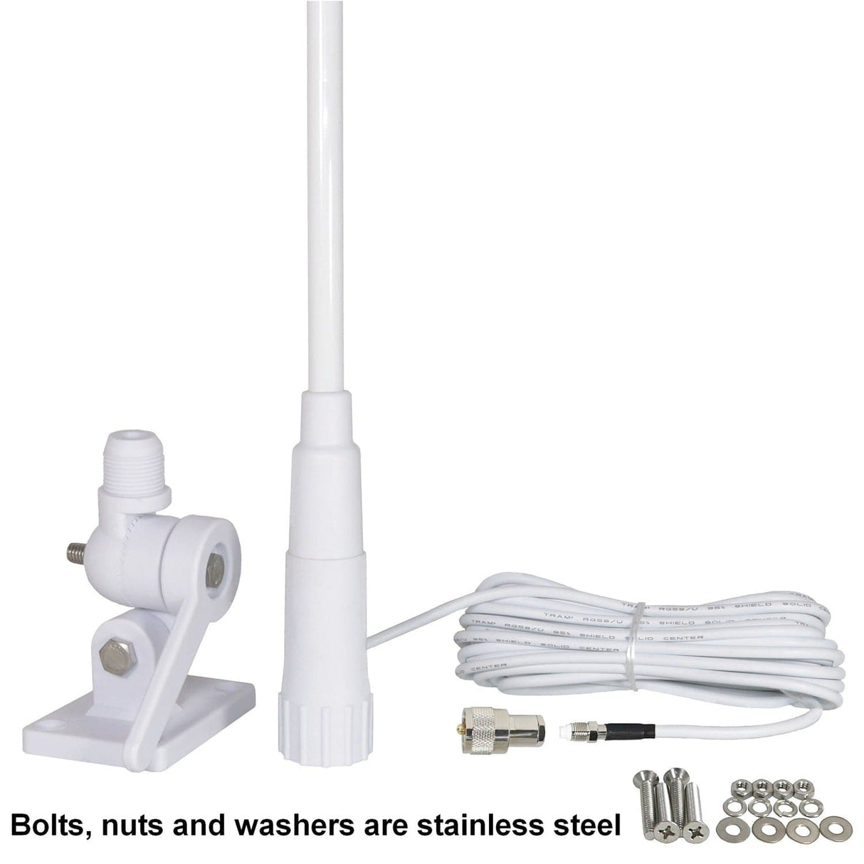 Tram Pretuned VHF 3-dBd-Gain Marine Rachet-Mount 46-In. Fiberglass Antenna with RG58 Cable and FME-Female Connector with PL-259 Adapter