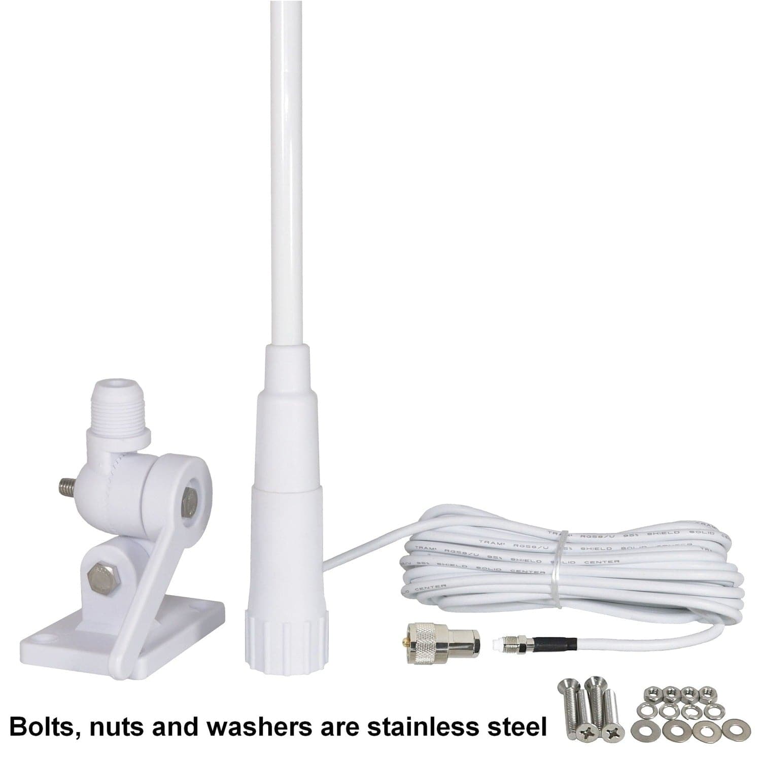 Tram Pretuned VHF 3-dBd-Gain Marine Rachet-Mount 46-In. Fiberglass Antenna with RG58 Cable and FME-Female Connector with PL-259 Adapter