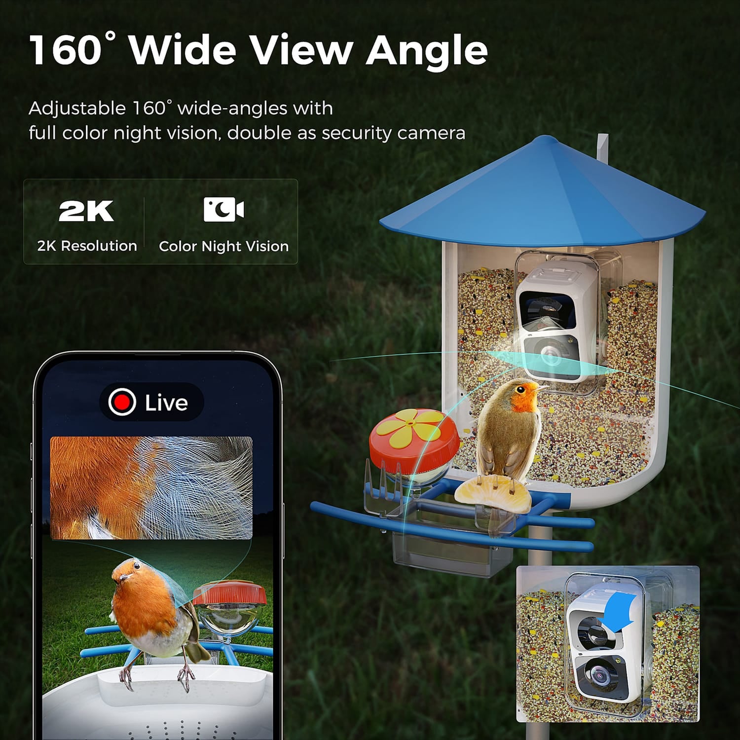 PerchMe Smart Bird Feeder with 2K Camera and Solar Panel, Azure Canopy