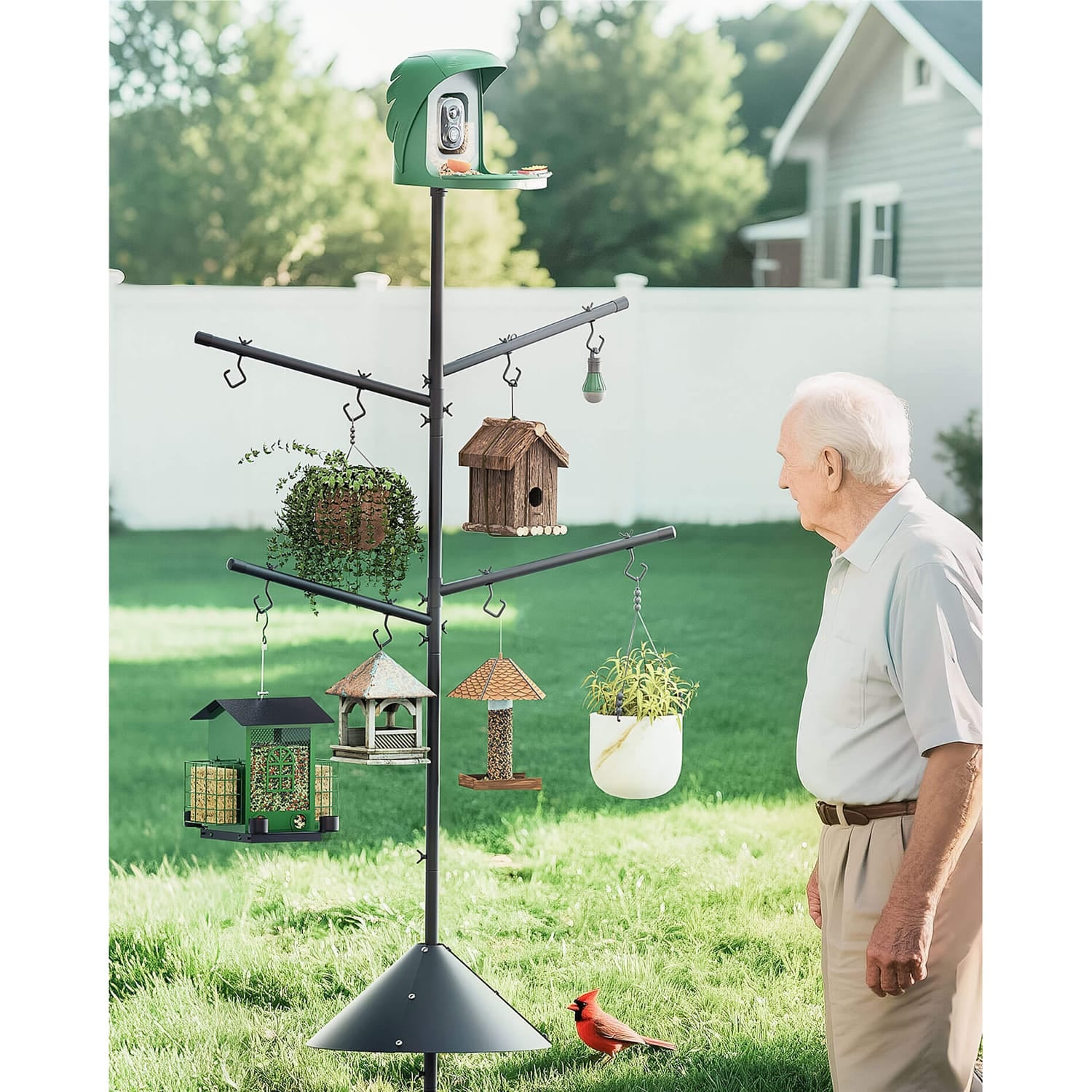 PerchMe Heavy-Duty Deluxe Bird Feeder Pole Station with Squirrel Baffle, Rotating Crossbars, and Hooks, 92-In. Max Height