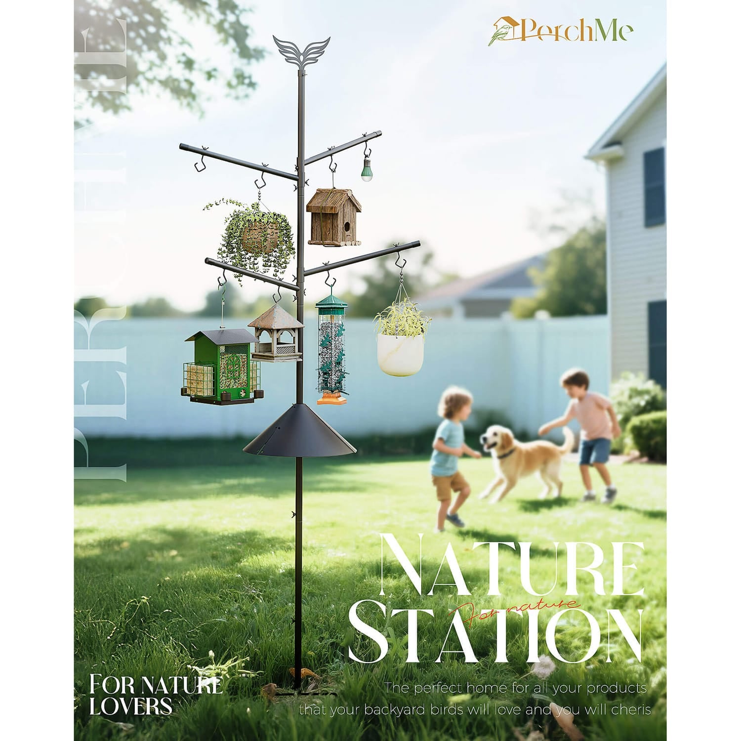 PerchMe Heavy-Duty Deluxe Bird Feeder Pole Station with Squirrel Baffle, Rotating Crossbars, and Hooks, 92-In. Max Height