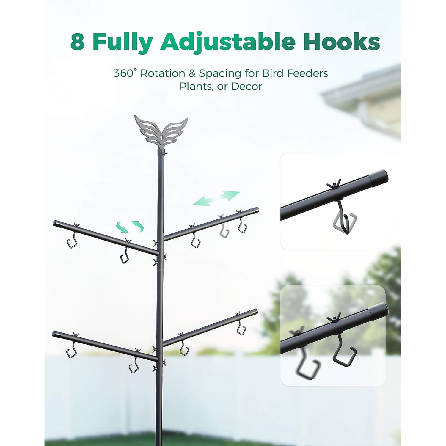 PerchMe Heavy-Duty Deluxe Bird Feeder Pole Station with Squirrel Baffle, Rotating Crossbars, and Hooks, 92-In. Max Height
