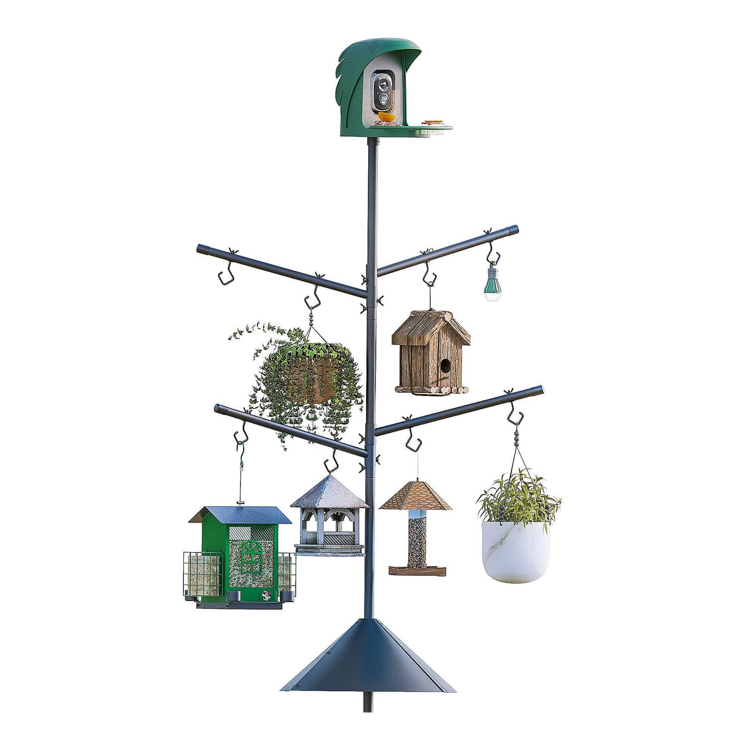 PerchMe Heavy-Duty Deluxe Bird Feeder Pole Station with Squirrel Baffle, Rotating Crossbars, and Hooks, 92-In. Max Height