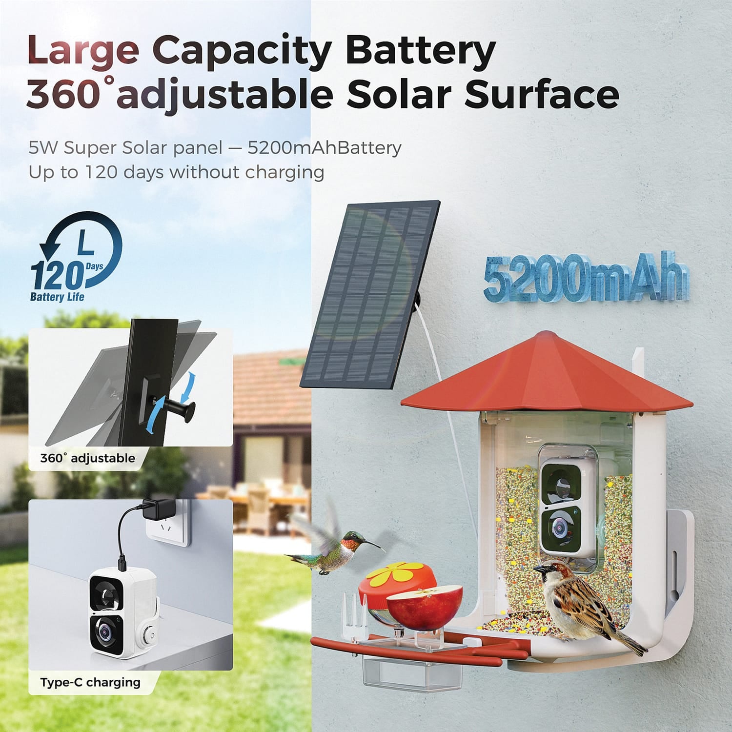 PerchMe AI-Recognition Smart Bird Feeder with Camera, Solar-Powered, Vermilion Canopy