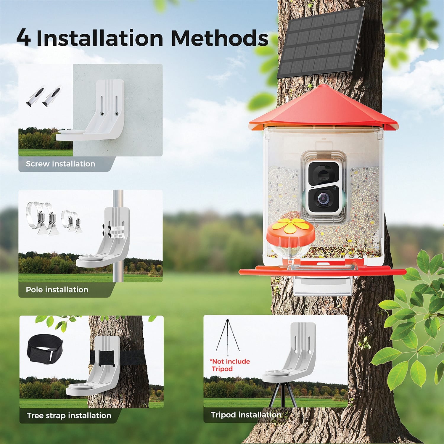 PerchMe AI-Recognition Smart Bird Feeder with Camera, Solar-Powered, Vermilion Canopy