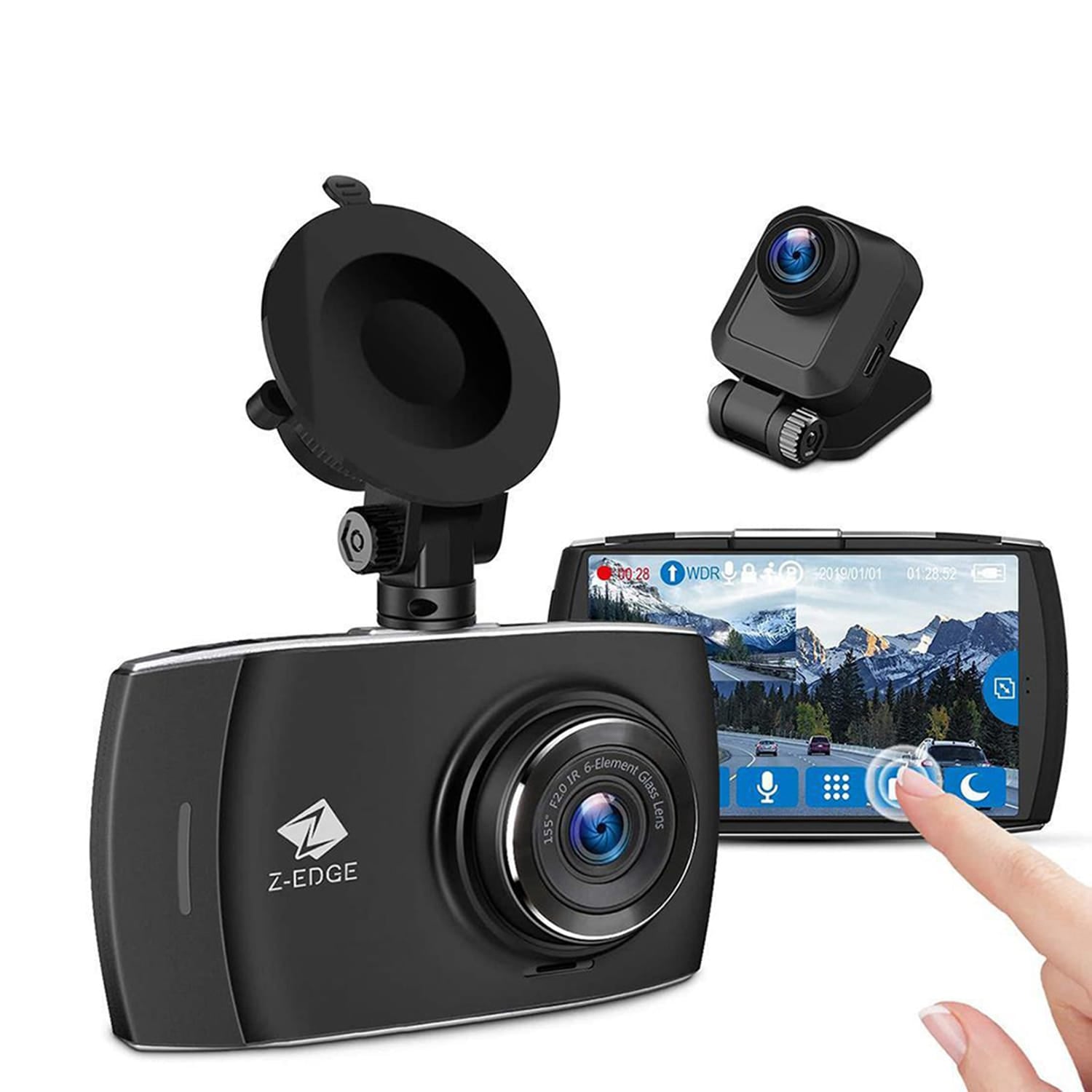 Z-Edge T4 Front and Rear 1080p Dash Camera with 4-In. Touch-Screen, Night Vision, and microSD Card