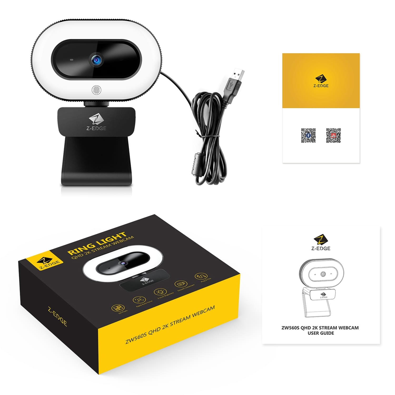 Z-Edge QHD 2K 5.0-MP Auto-Focus Webcam and Ring Light with Stereo Sound and Noise-Reduction Microphone, ZW560S