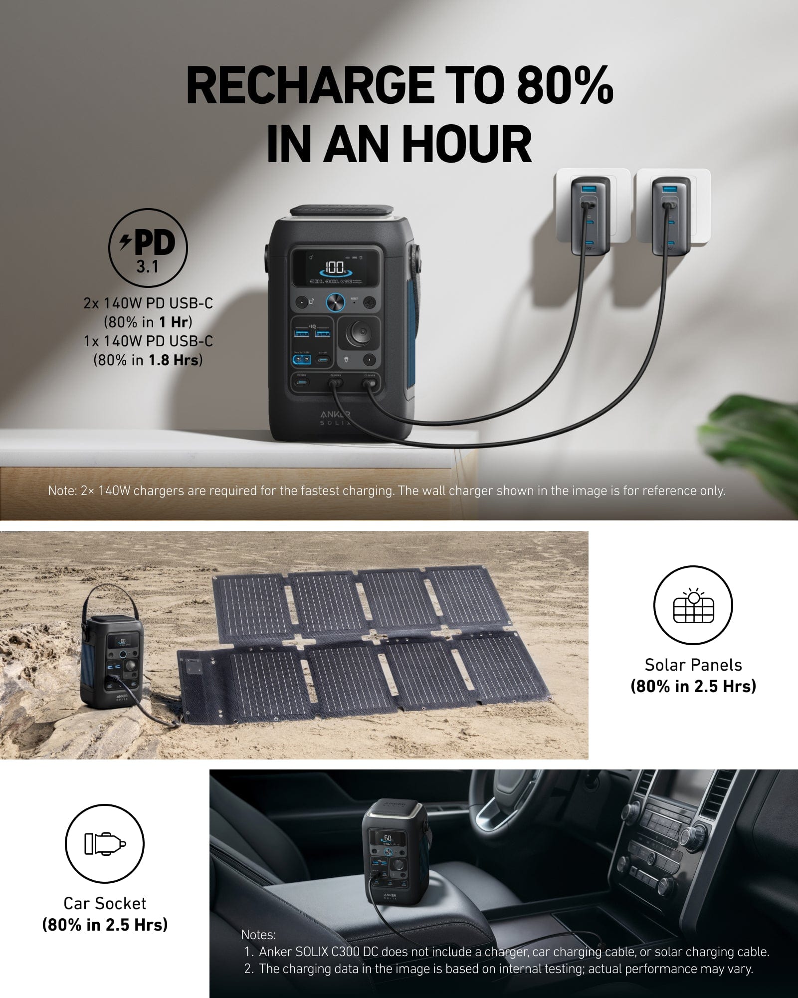 Anker SOLIX C300X (DC Only) Portable 300W Multi-Device Power Station with Strap, 90,000mAh (288Wh)