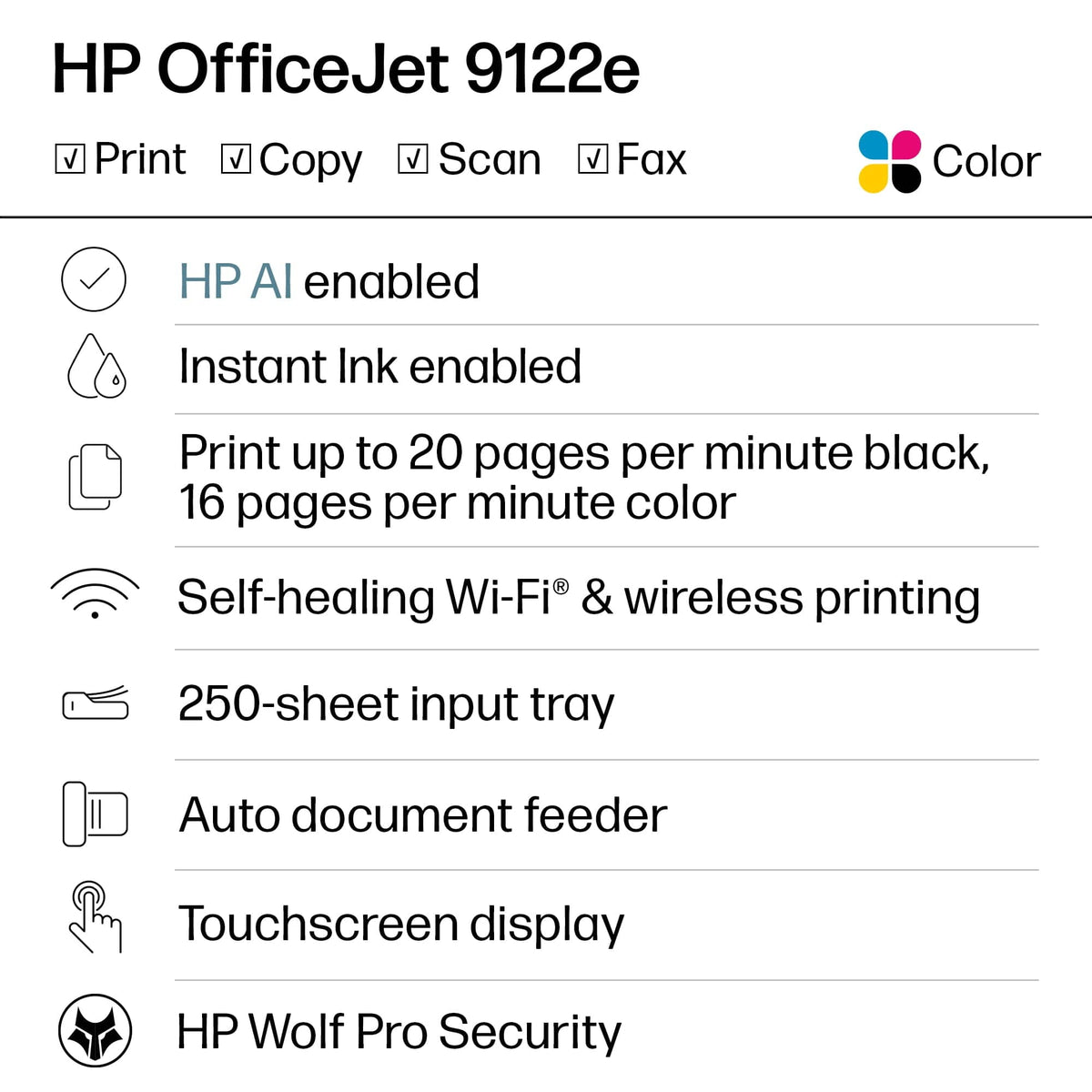 HP OfficeJet Pro 9122e Wireless All-in-One Color Inkjet Printer, Print, Scan, Copy, Fax, Duplex, ADF - Certified Refurbished