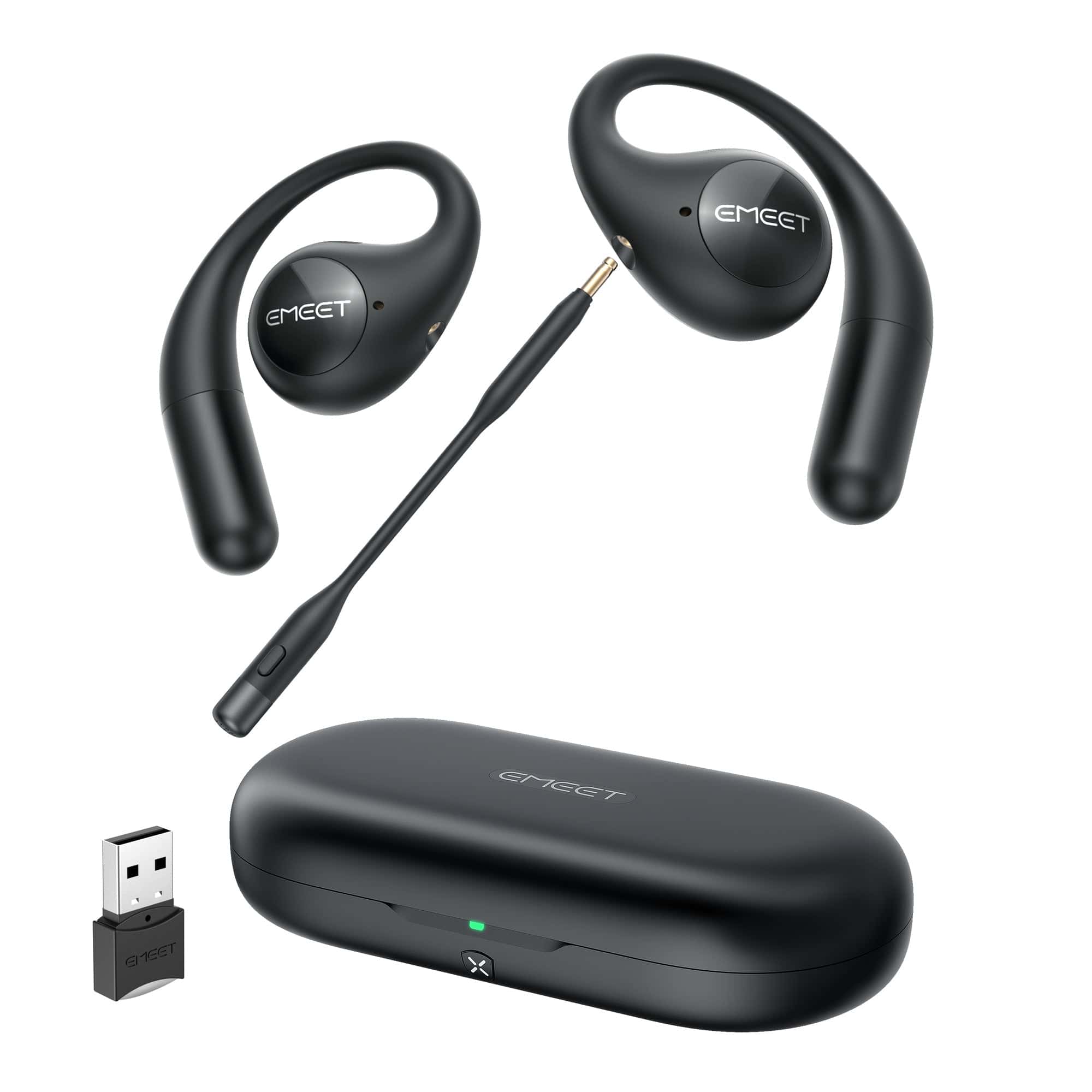 EMEET Airflow Open-Ear Earbuds with Detachable Boompole and Uplink Noise Cancellation, Black