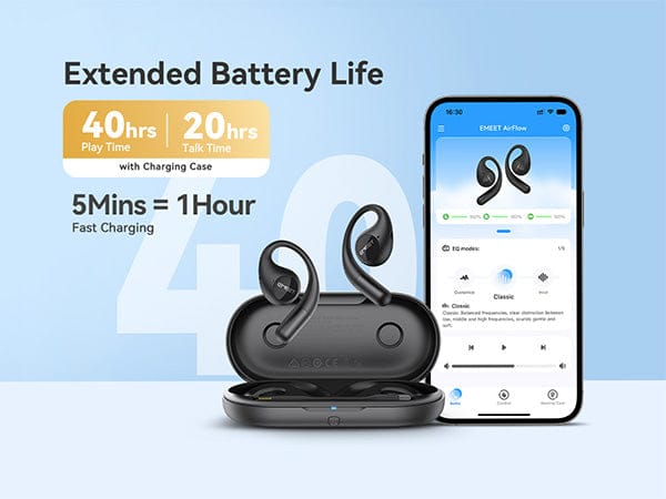 EMEET Airflow Open-Ear Earbuds with Detachable Boompole and Uplink Noise Cancellation, Black