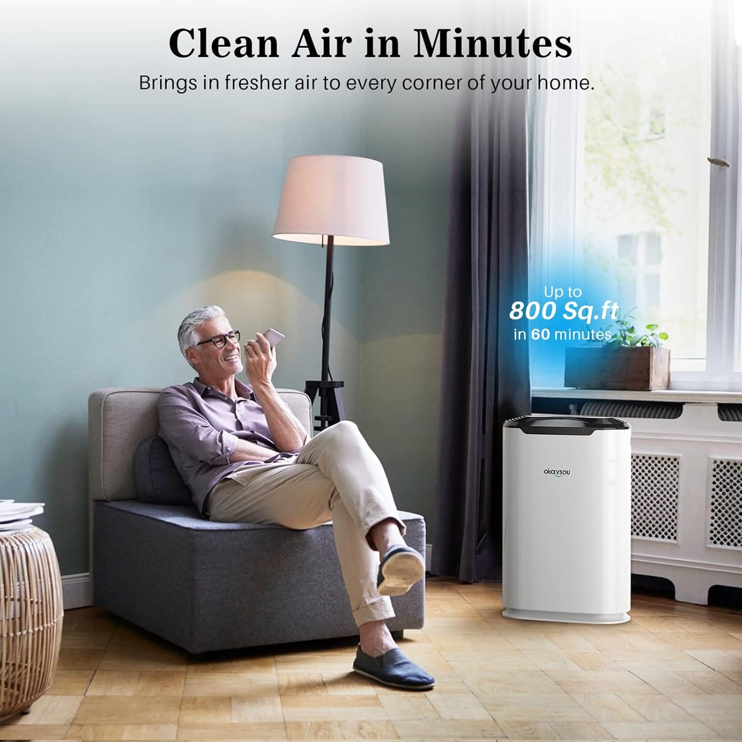 Okaysou AirMax8L 5-in-1 True HEPA Double Filtration System Large Room Air Purifier, White