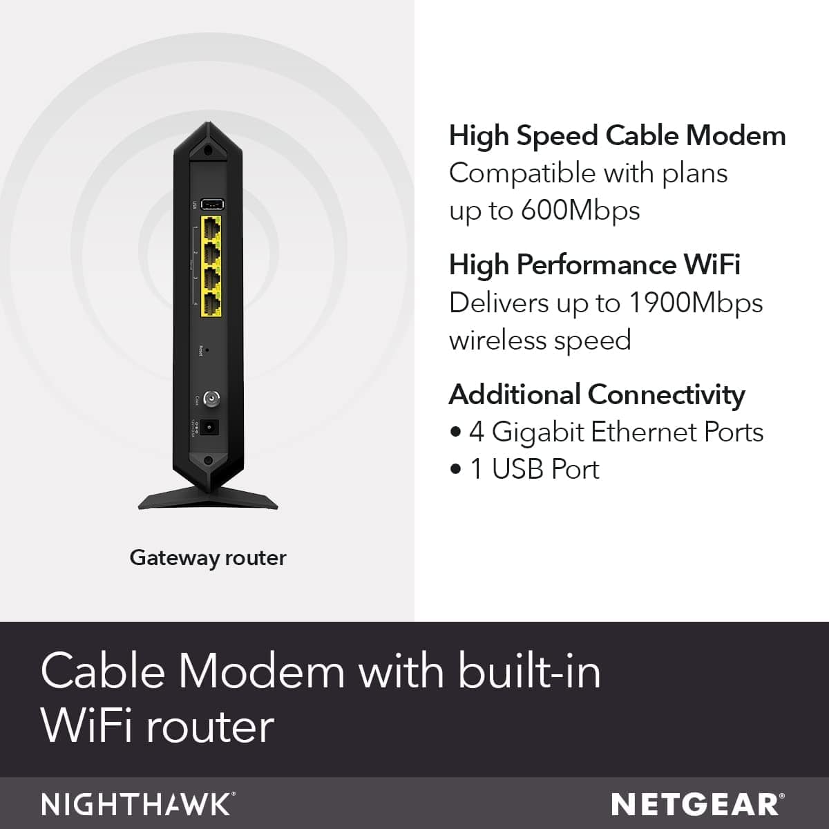 Netgear C7000 Nighthawk AC1900 2-in-1 CableLabs DOCSIS 3.0 Cable Modem + WiFi Router - Certified Refurbished