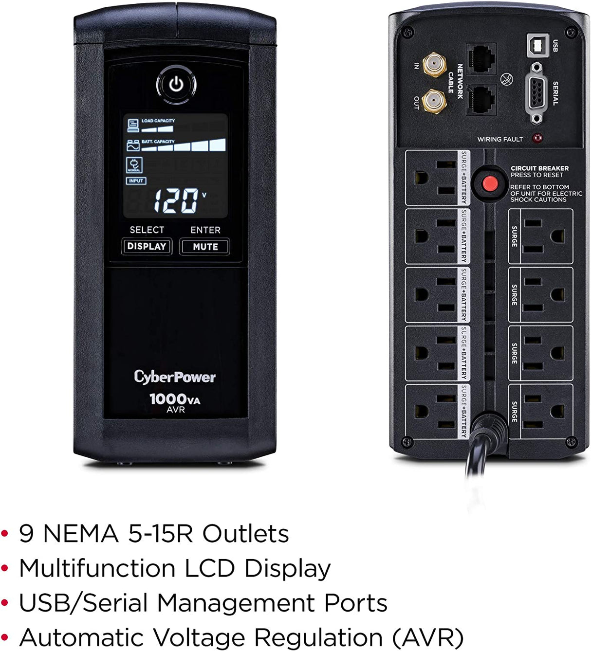 CyberPower 1000VA/600W Intelligent LCD UPS System with AVR and LCD - New Battery Certified Refurbished