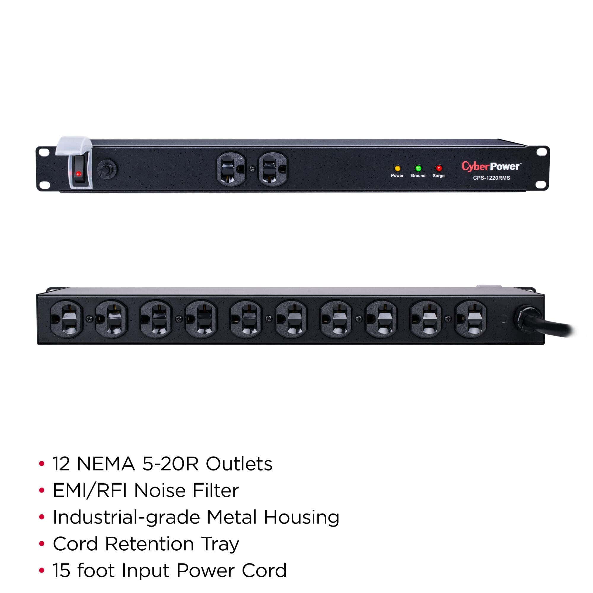CyberPower Surge Protector, 120V/20A, 12 Outlets, 15 ft Power Cord, 1U Rackmount - Certified Refurbished