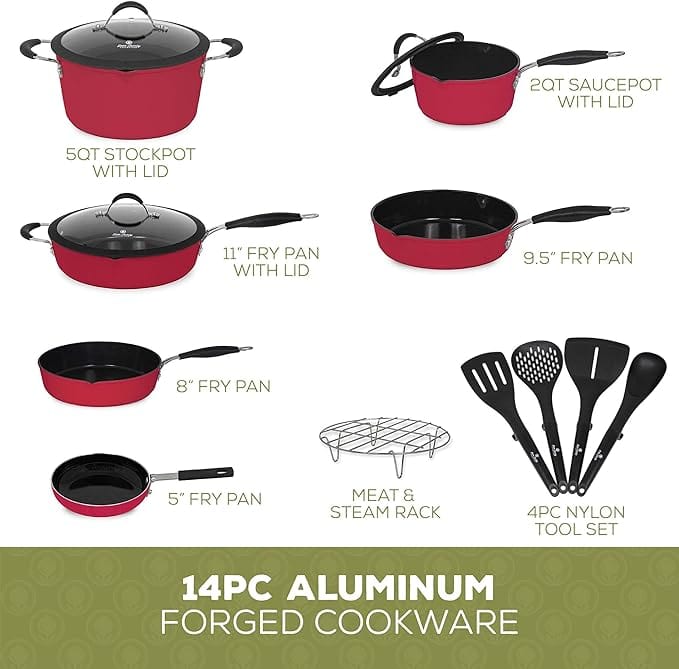 Paula Deen 14 Piece Ceramic Non-Stick Cookware Set, Red