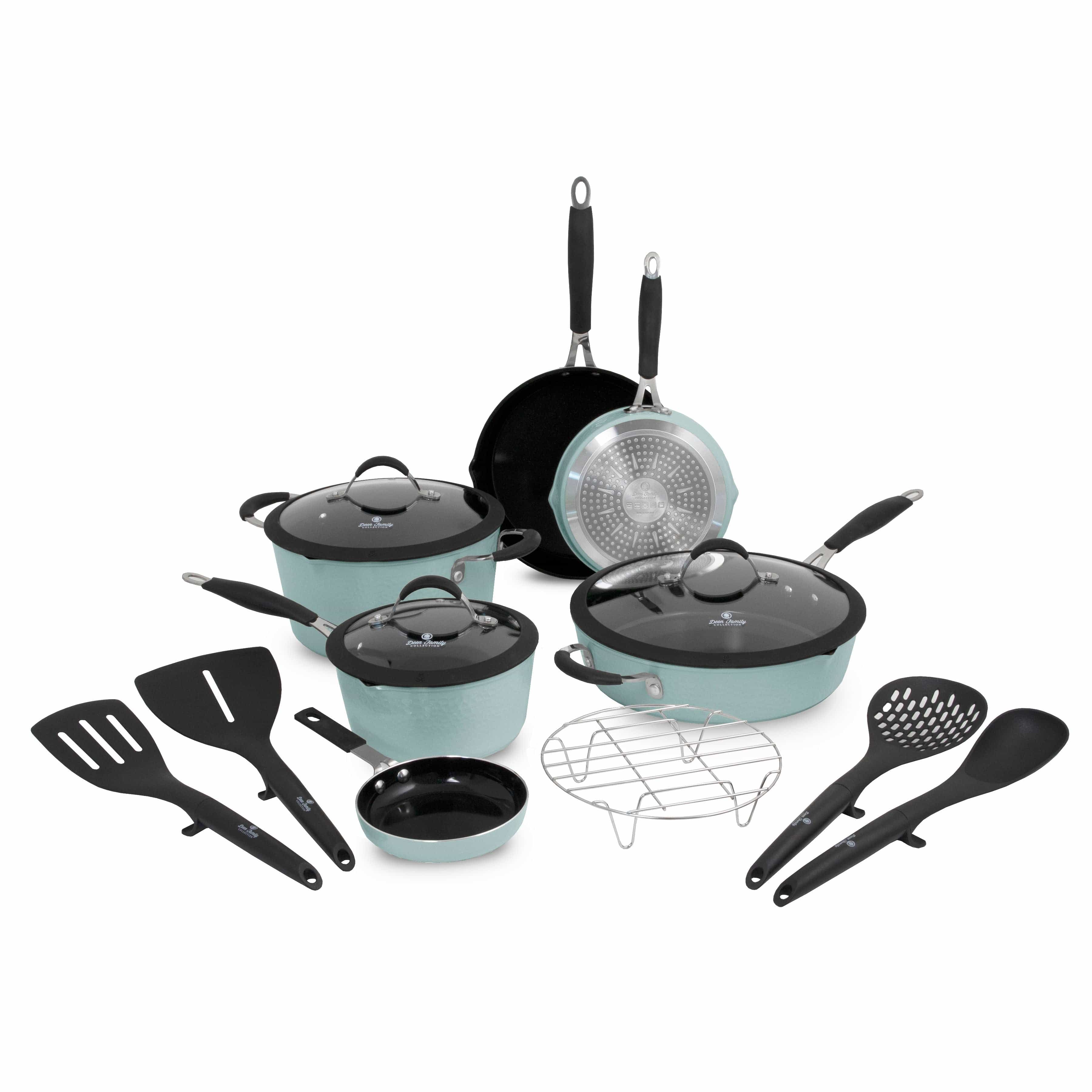 Paula Deen 14-Piece Hammered Aluminum Forged Cookware Set, Sea Glass