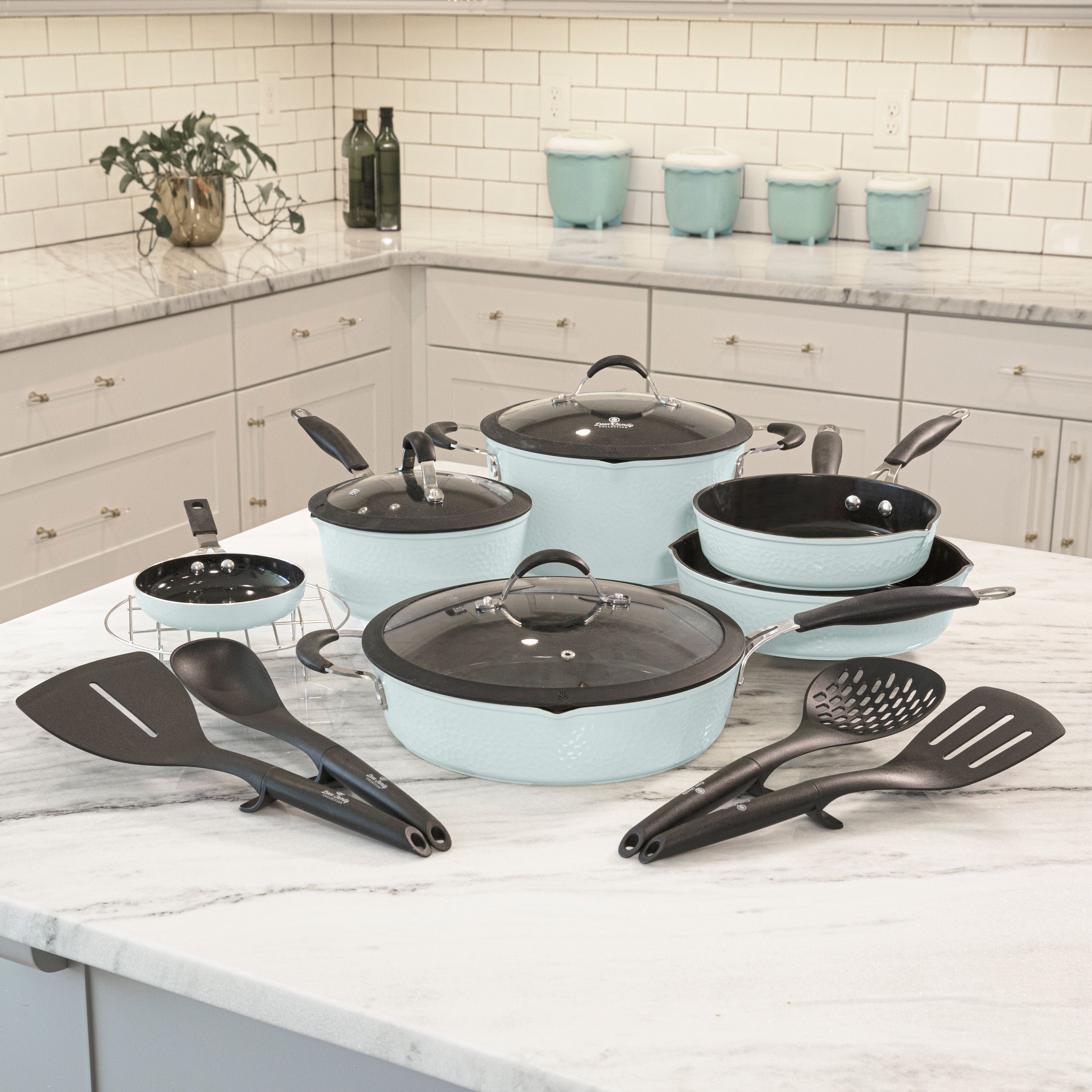 Paula Deen 14-Piece Hammered Aluminum Forged Cookware Set, Sea Glass