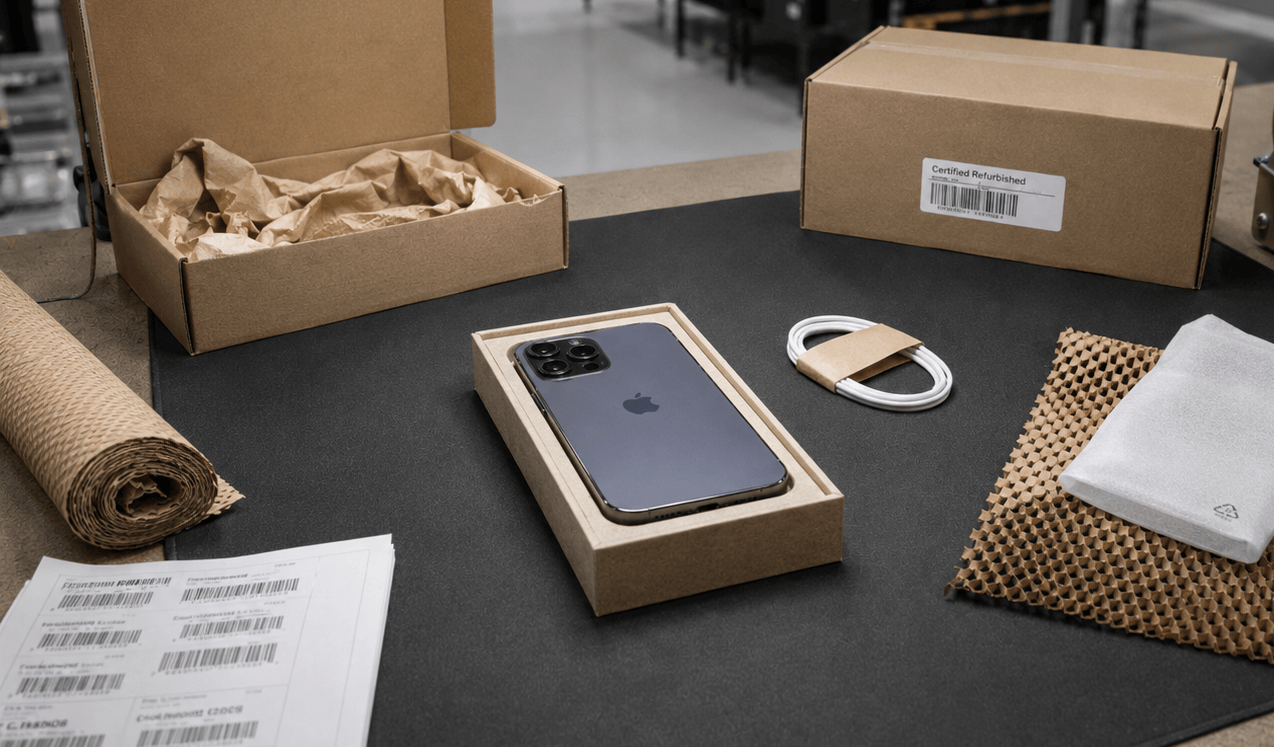 Unboxing scene with an iPhone in a box on a table.
