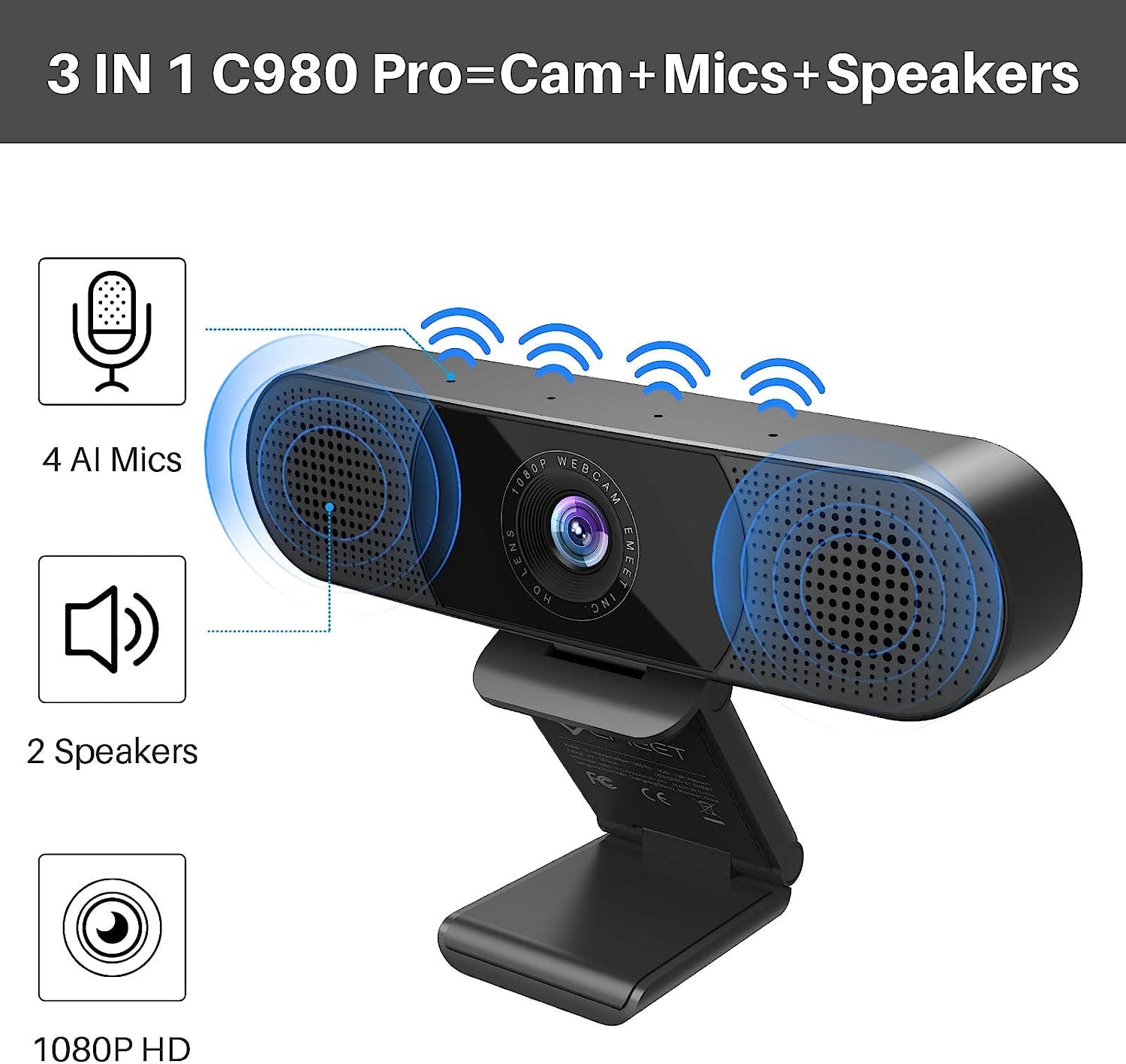 EMEET C980 Pro 1080P Webcam with Dual Speakers and Quad Microphones, Black