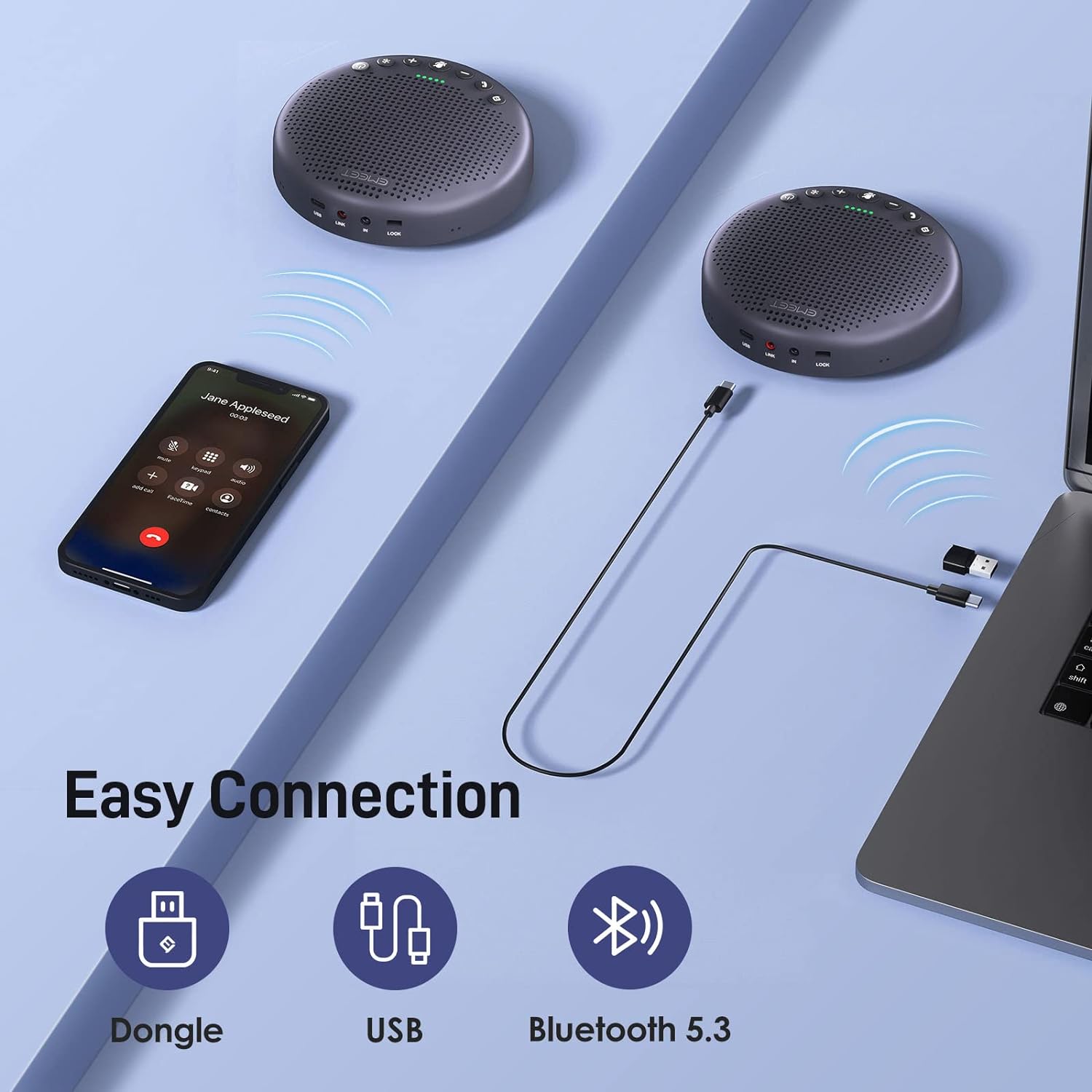 EMEET Luna Plus Speakerphone, 8 Noise Cancelling Mics, USB/Bluetooth/Dongle with Extra Extension Mic, Gray