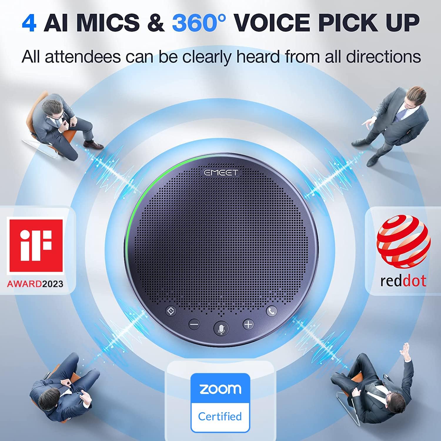 EMEET M3 Speakerphone, Zoom Certified, 4 Noise Cancelling Mics, USB/Bluetooth/Dongle, Gray