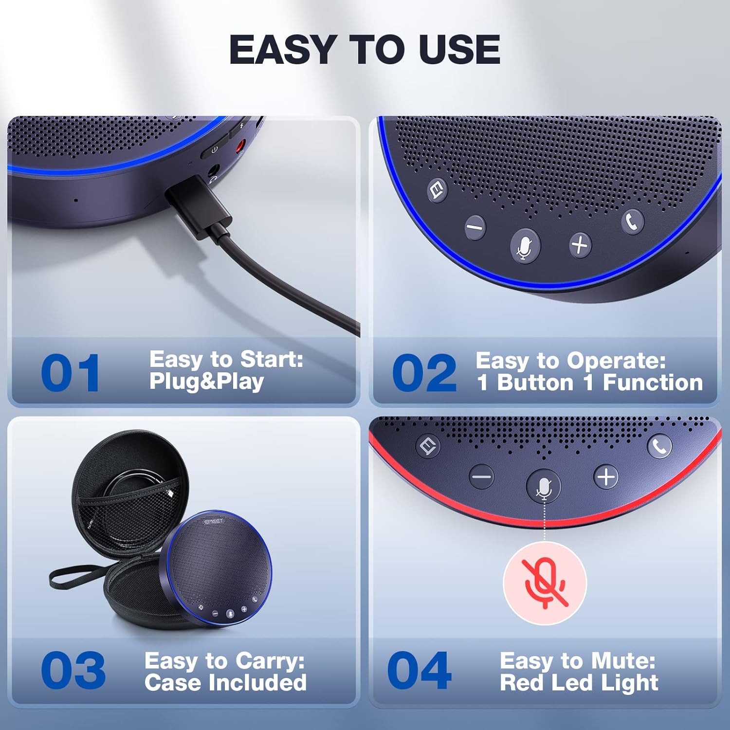 EMEET M3 Speakerphone, Zoom Certified, 4 Noise Cancelling Mics, USB/Bluetooth/Dongle, Gray