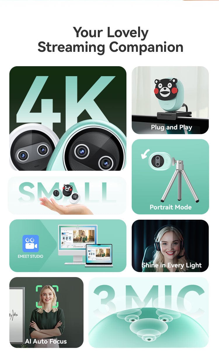 EMEET Piko+ Dual-lens 4K Webcam, Cute Appearance and Privacy Design, Work with EMEET Studio, Black