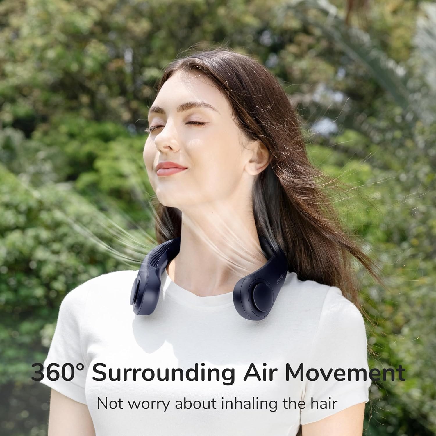 JisuLife Portable Neck Fan, Hands-Free Bladeless, 5-Speed, Wearable Personal Fan, Twistable, Rechargeable, Dark Grey/Blue