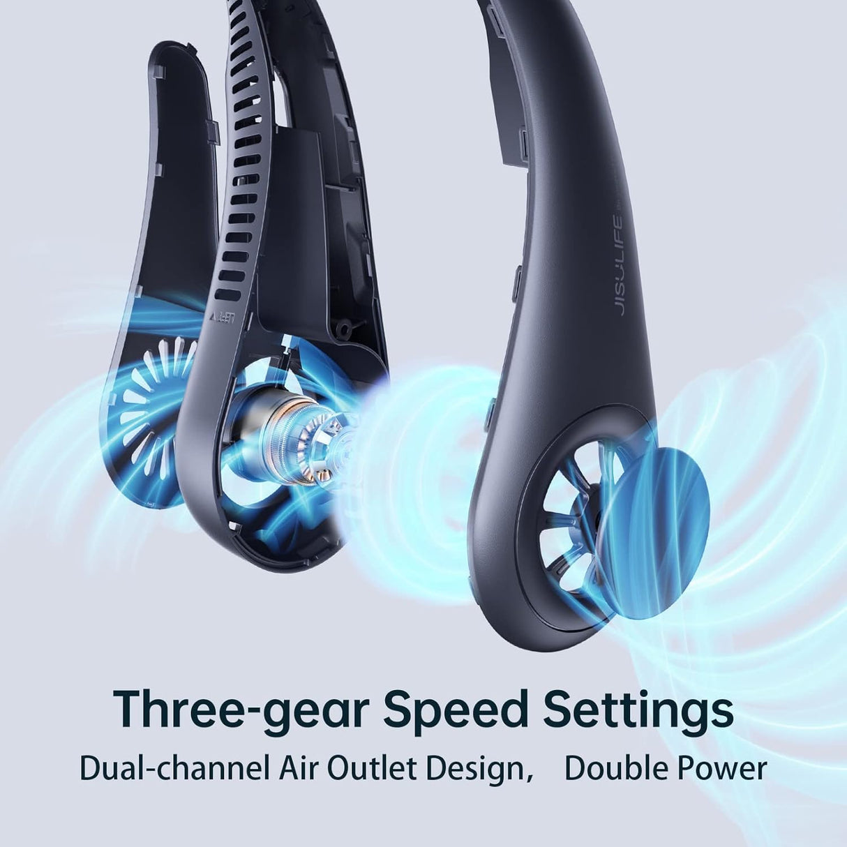 JisuLife Portable Neck Fan, Hands-Free Bladeless, 5-Speed, Wearable Personal Fan, Twistable, Rechargeable, Dark Grey/Blue