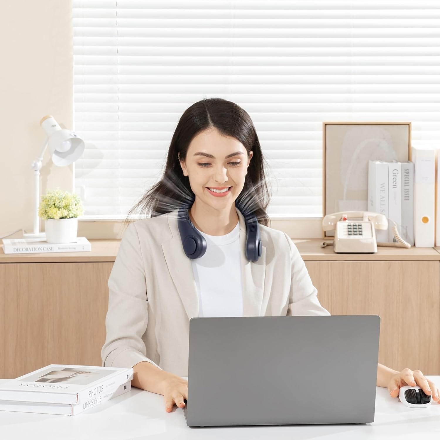 JisuLife Portable Neck Fan, Hands-Free Bladeless, 5-Speed, Wearable Personal Fan, Twistable, Rechargeable, Dark Grey/Blue