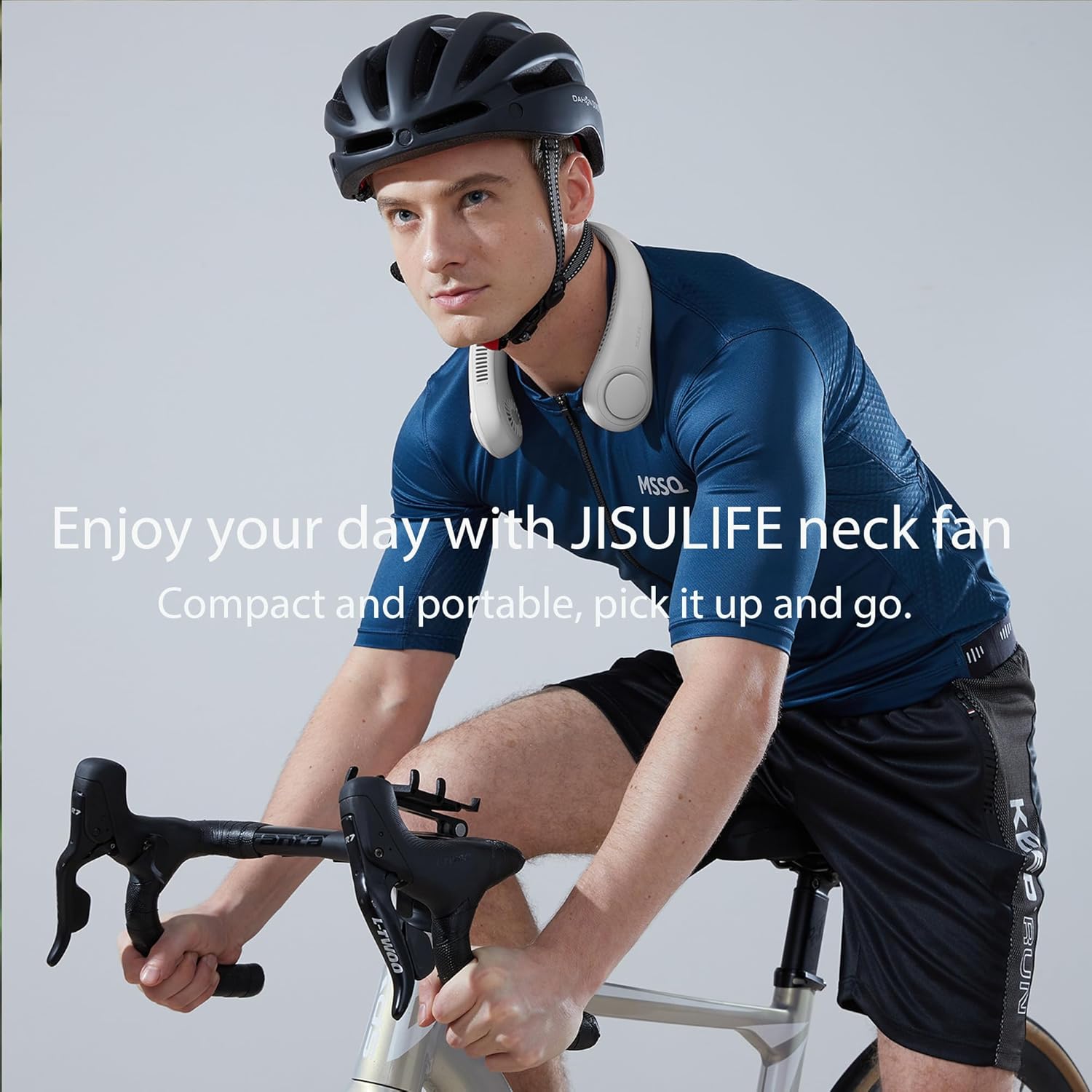 JisuLife Portable Neck Fan, Hands-Free Bladeless, 5-Speed, Wearable Personal Fan, Twistable, Rechargeable, White/Light Grey