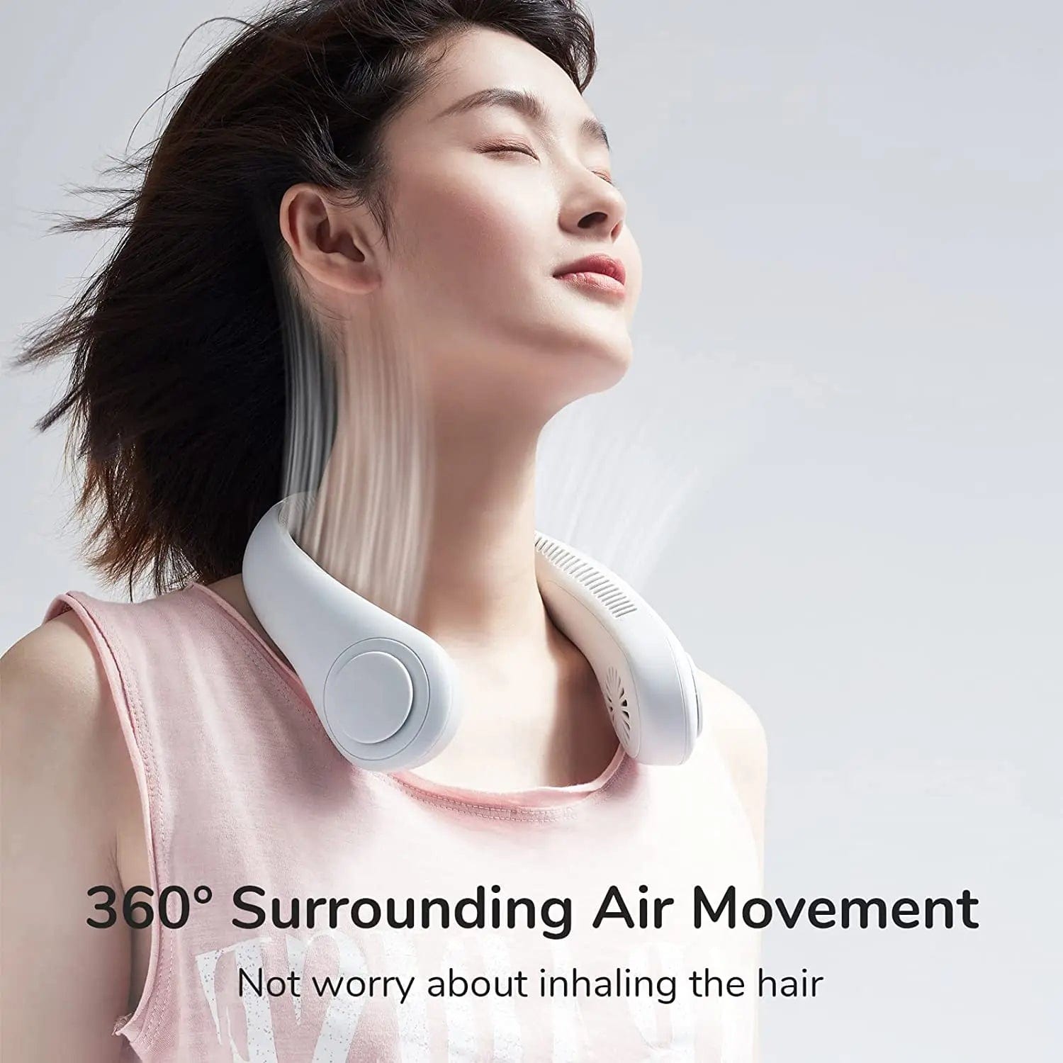JisuLife Portable Neck Fan, Hands-Free Bladeless, 5-Speed, Wearable Personal Fan, Twistable, Rechargeable, White/Light Grey