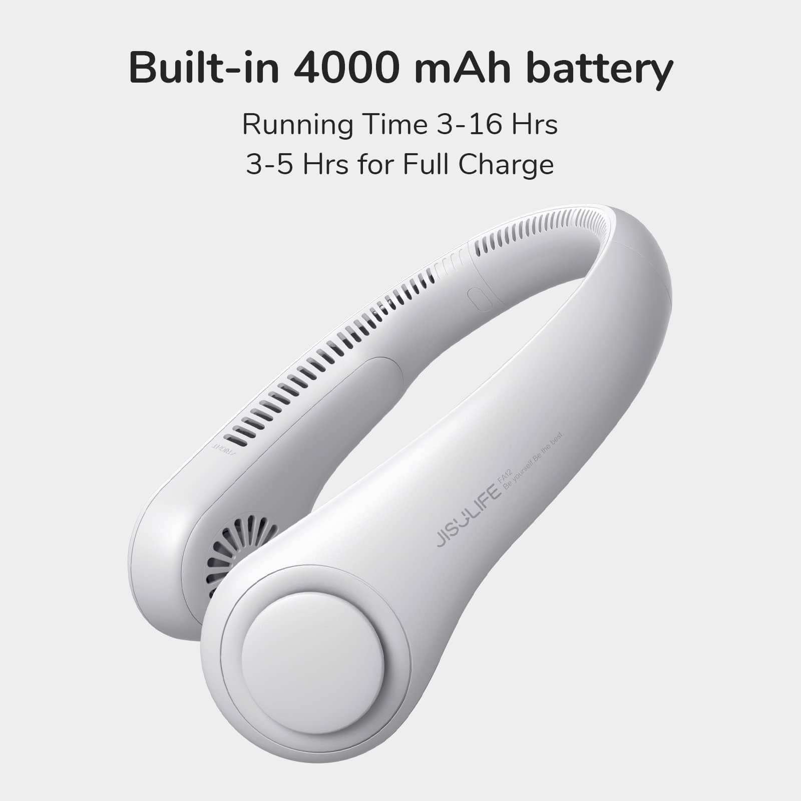 JisuLife Portable Neck Fan, Hands-Free Bladeless, 5-Speed, Wearable Personal Fan, Twistable, Rechargeable, White/Light Grey