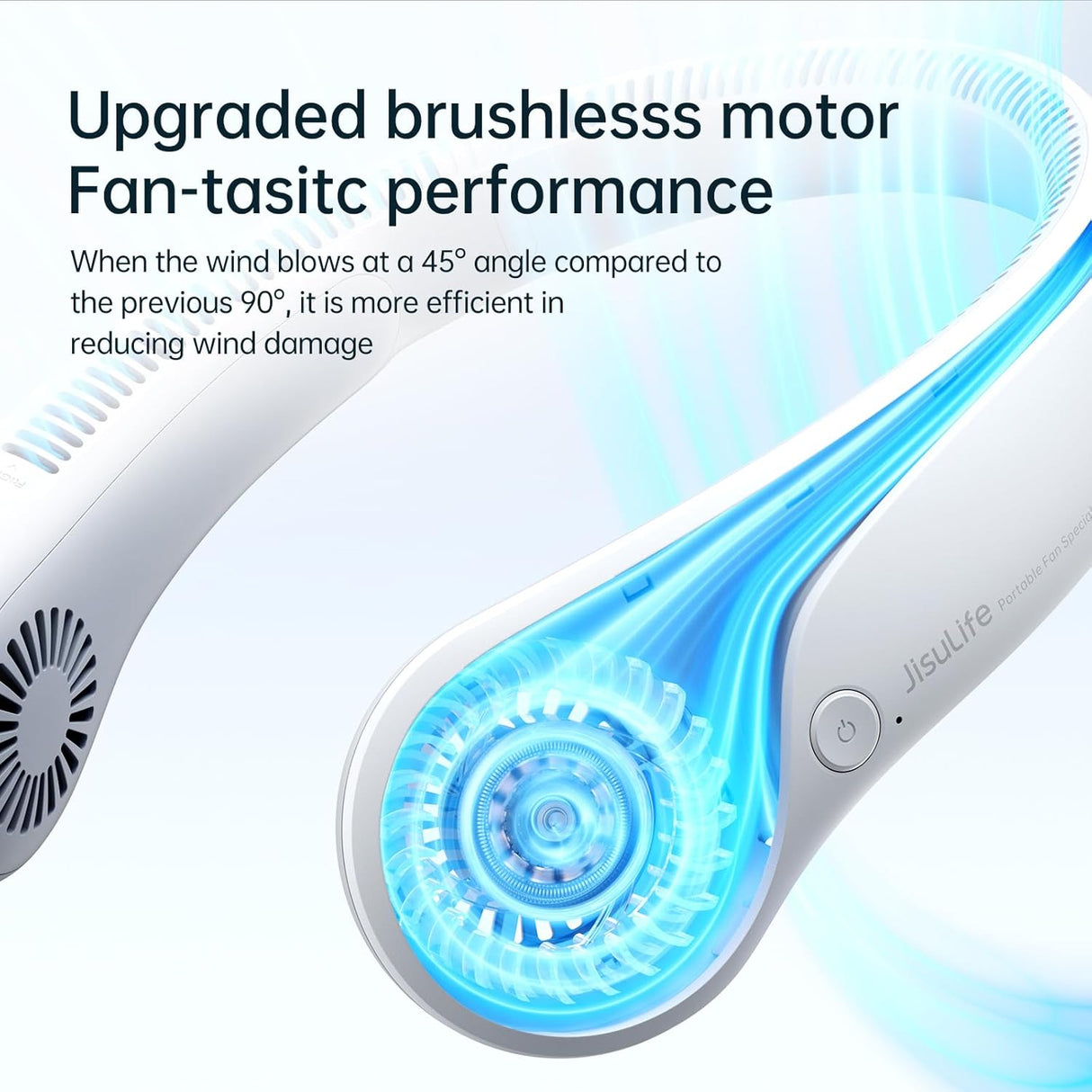 JisuLife Portable Neck Fan, Hands-Free Bladeless, 5-Speed, Wearable Personal Fan, Twistable, Rechargeable, White/Light Grey