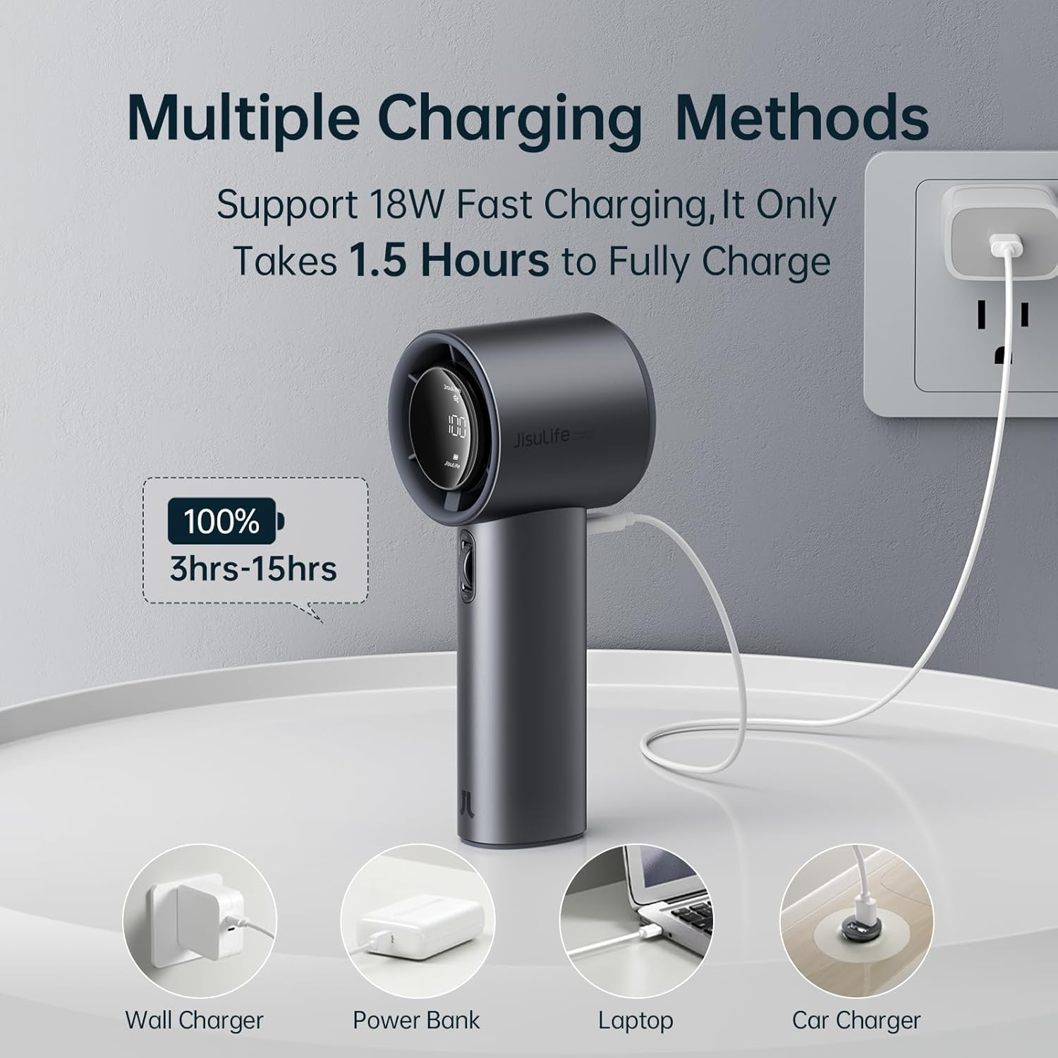 JisuLife Portable Handheld Fan Pro 1S, 1-100 Speed, Adjustable Turbo Mini Rechargeable Personal Fan, Dark Grey