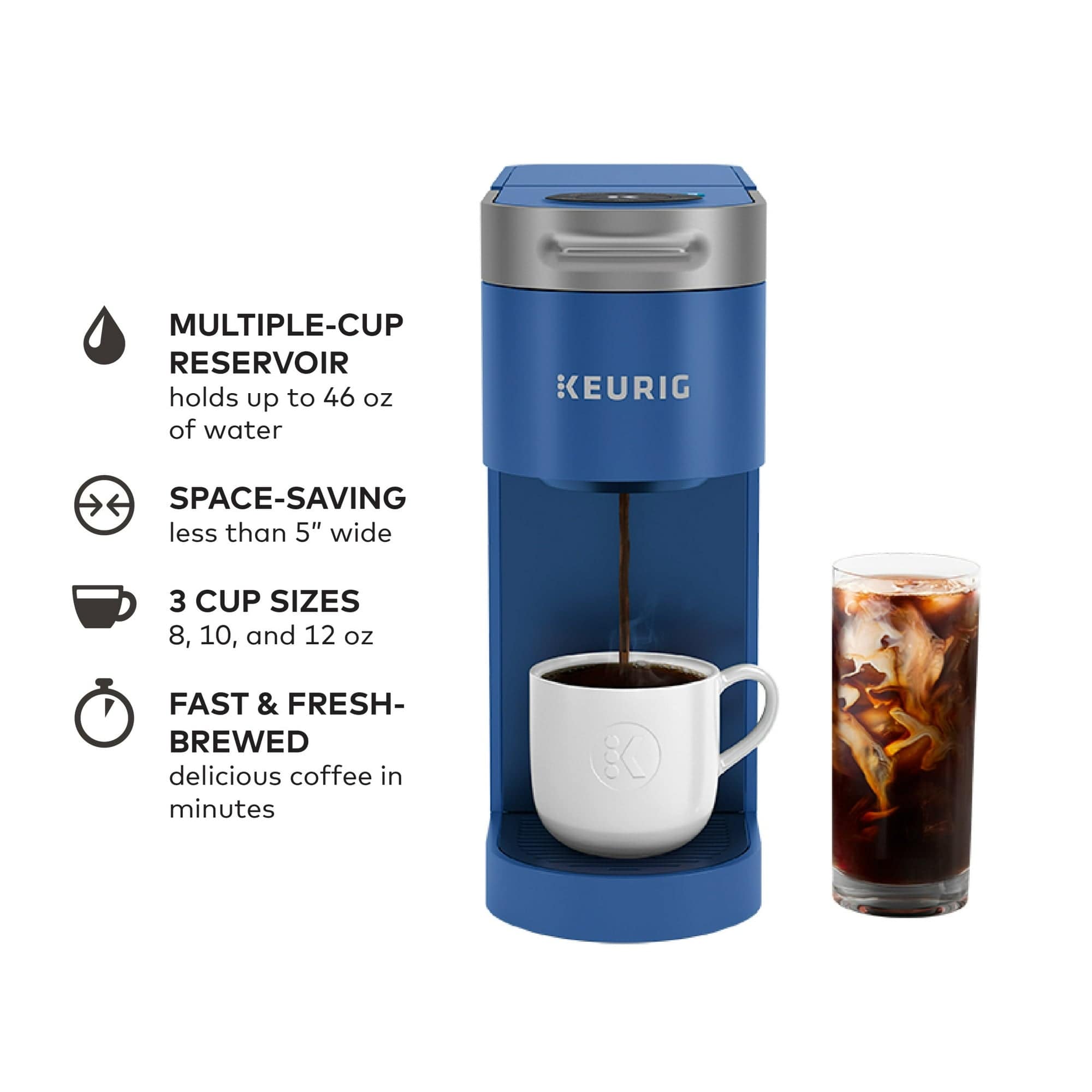 Keurig K-Slim + ICED Single Serve Coffee Maker, Hot & Cold Brewing, 3 Brew Sizes, 46oz Removable Reservoir, Blue - Certified Refurbished