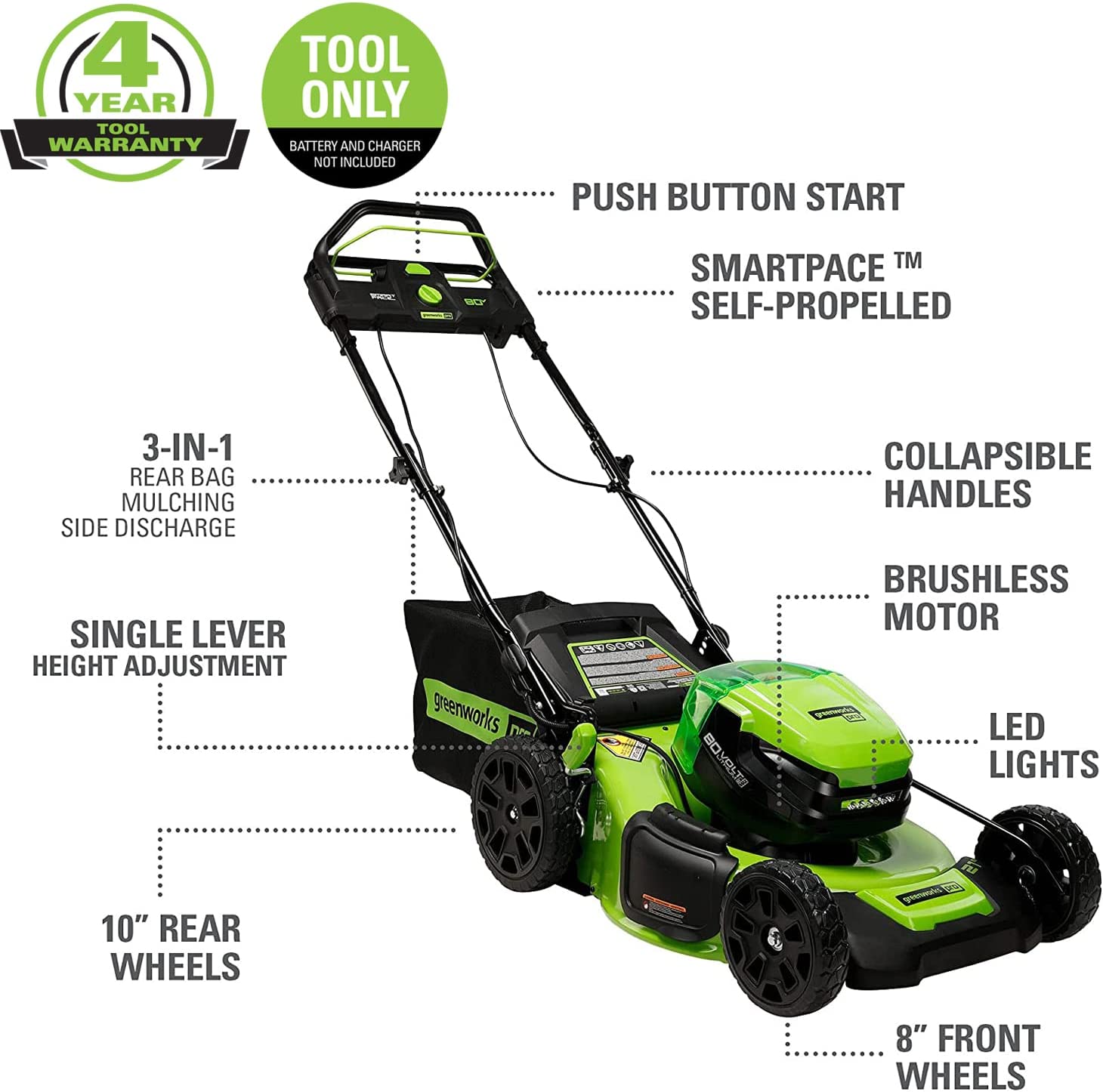 Greenworks GW2534102T Pro 80V 21" Brushless SmartPace Self-Propelled Electric Lawn Mower, Tool-Only