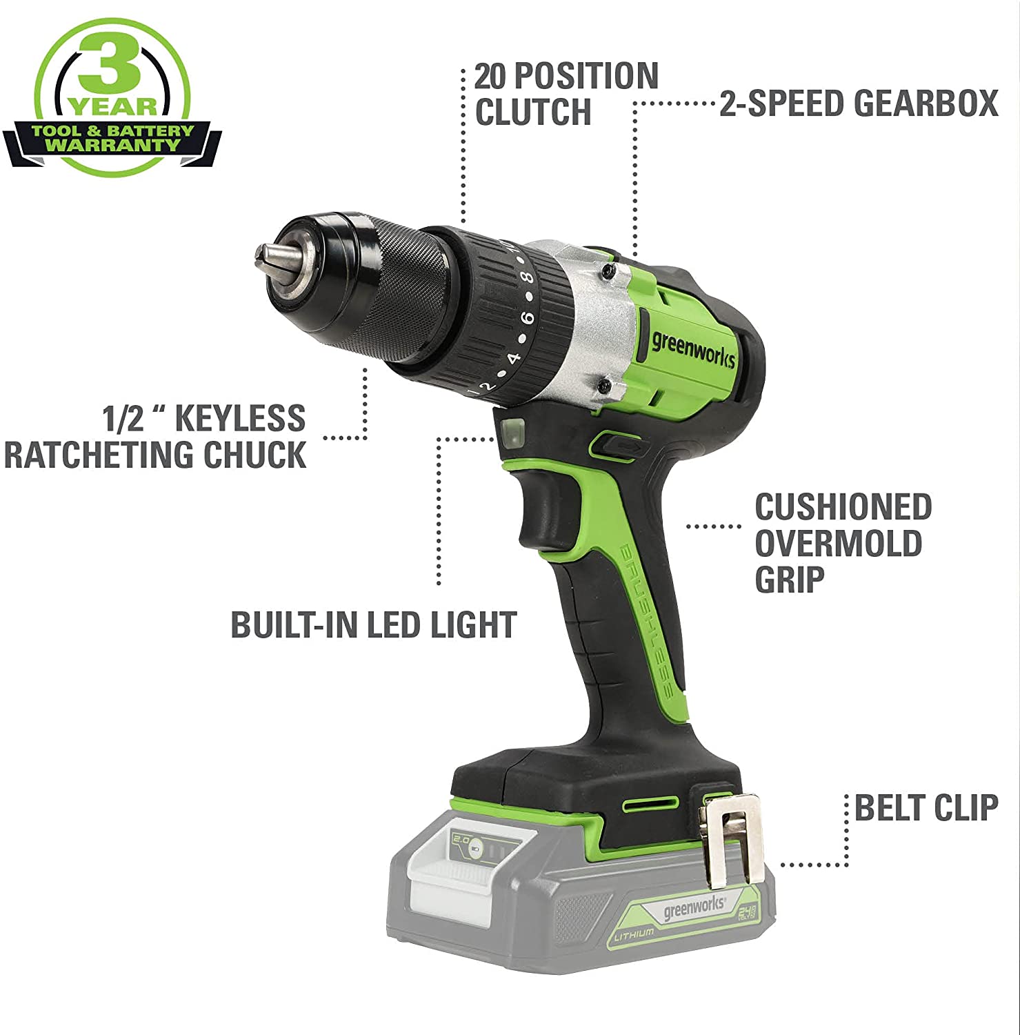 Greenworks GW3704602 24V 4.0Ah BL Hammer Drill  with Battery